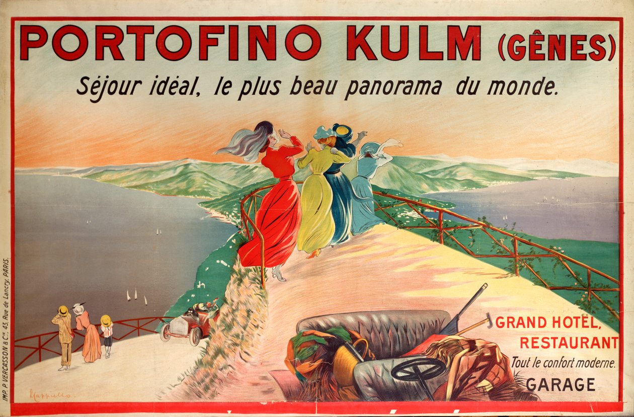 Mainosjuliste Portofino Kulm -hotellille Camoglissa, Italiassa, 1900-luku tekijältä Leonetto Cappiello