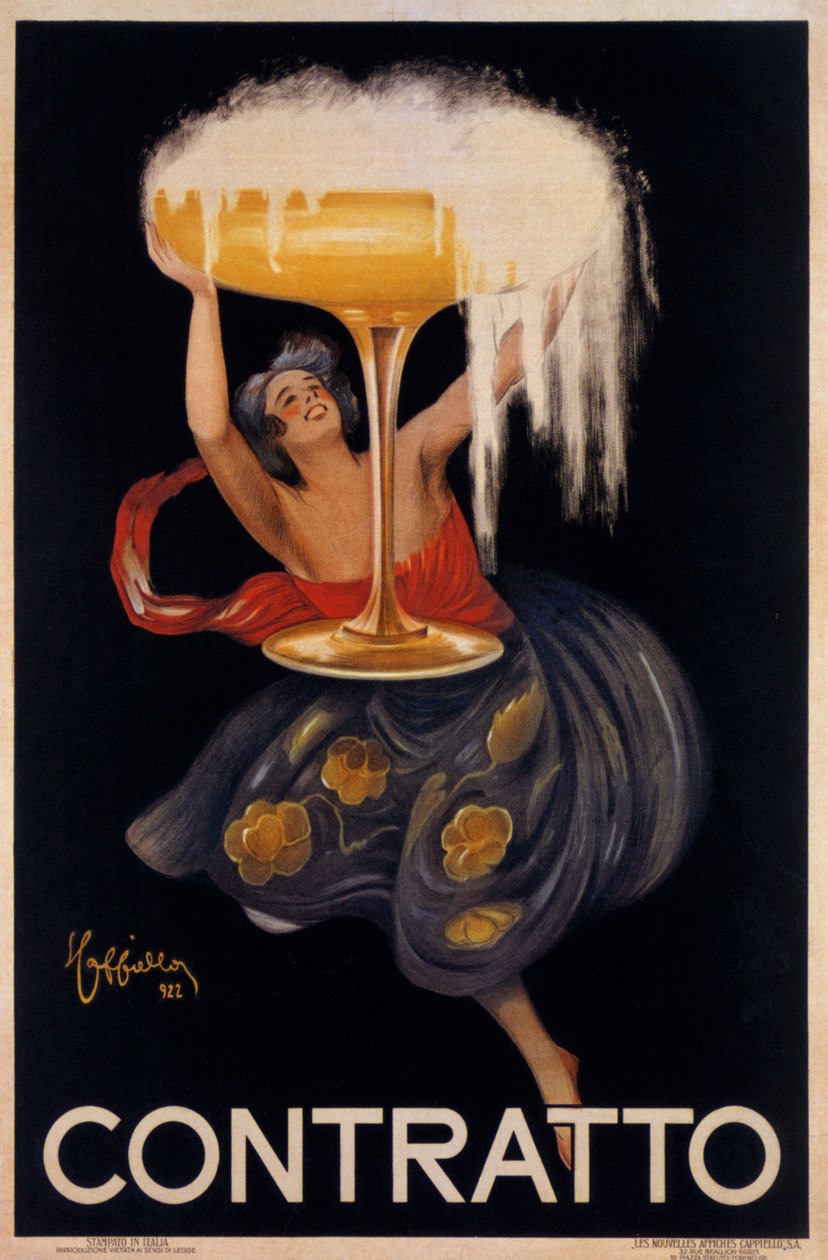 Mainosjuliste kuohuviinille "" Contratto ": pieni keiju, tonttu nostaa valtavaa kuppia. Kuvitus Leonetto Cappiello (1875-1942) 1922 tekijältä Leonetto Cappiello