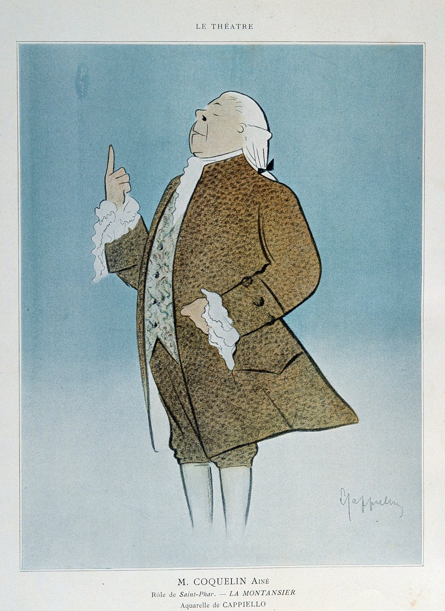 Koomikko Constant Poppy Groin (1841-1909) Saint Pharin roolissa Rejanen "La Montansier" -elokuvassa vuonna 1904. Akvarelli Leonetto Cappiello (1875-1942) Paris. Koriste taide tekijältä Leonetto Cappiello