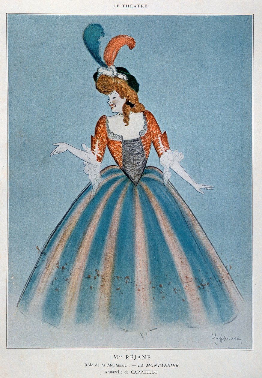 Koomikko Gabrielle Charlotte Reyu kutsui Rejanea (1856-1920) Montansierin rooliin. Akvarelli Leonetto Cappiello (1875-1942) Paris, koristetaide tekijältä Leonetto Cappiello