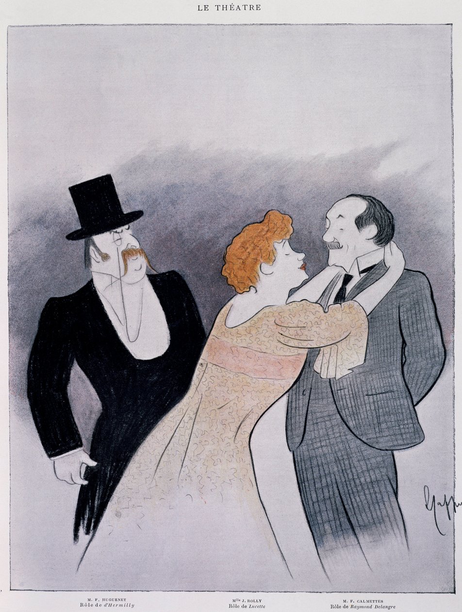 Piirros Pierre Wolffin näytelmästä "Le Secret de Polichinelle" - ote Le Theater -lehdestä tekijältä Leonetto Cappiello