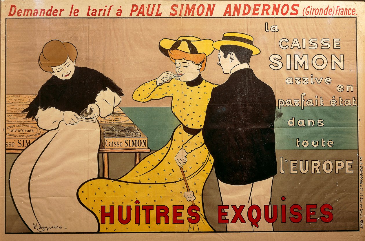 "Huitres exquises" (hienot osterit) -juliste osterikauppias Paul Simonille tekijältä Leonetto Cappiello
