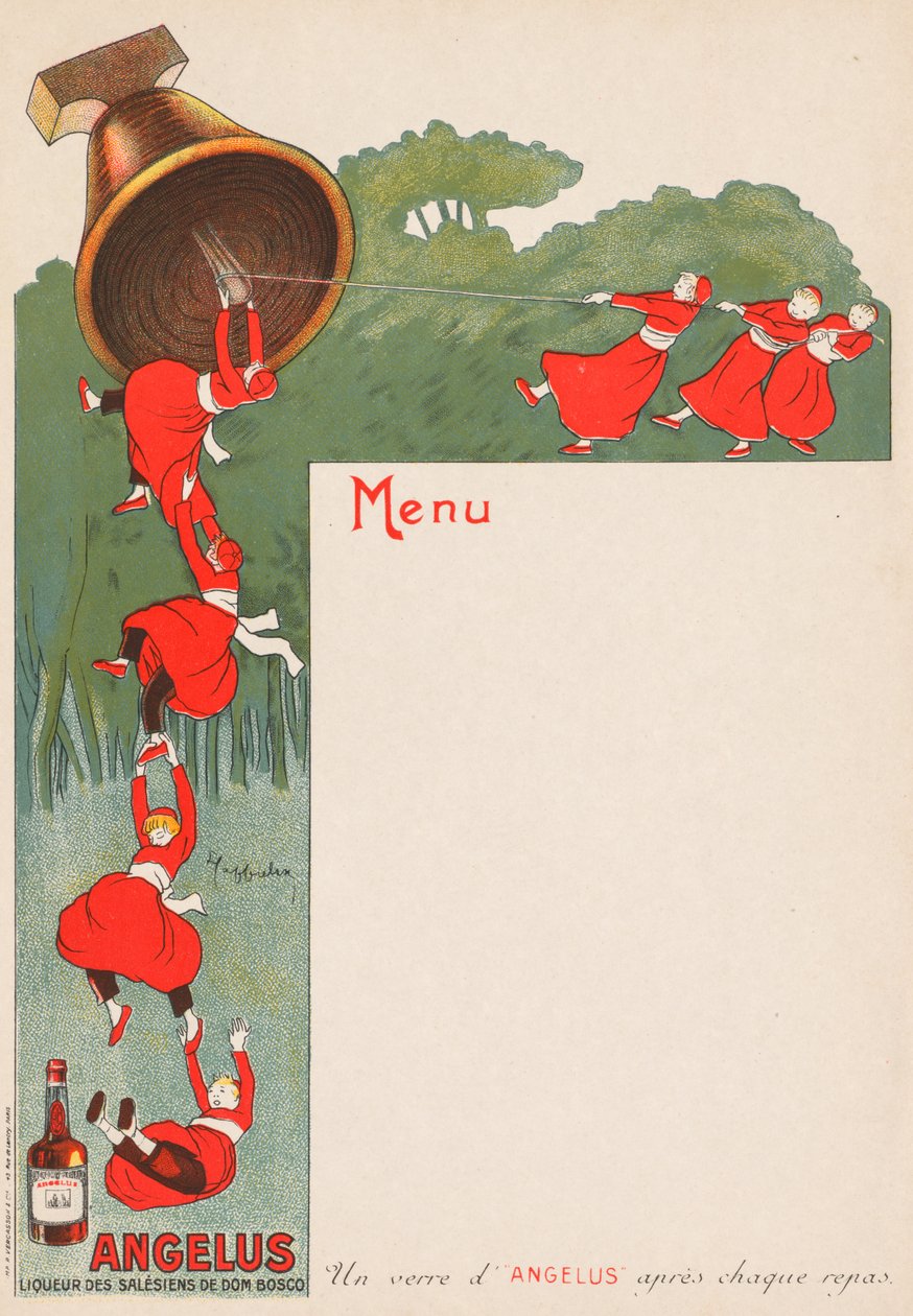 Menusivu Angelus: Don Boscon salesialaisten likööri, 1911. tekijältä Leonetto Cappiello