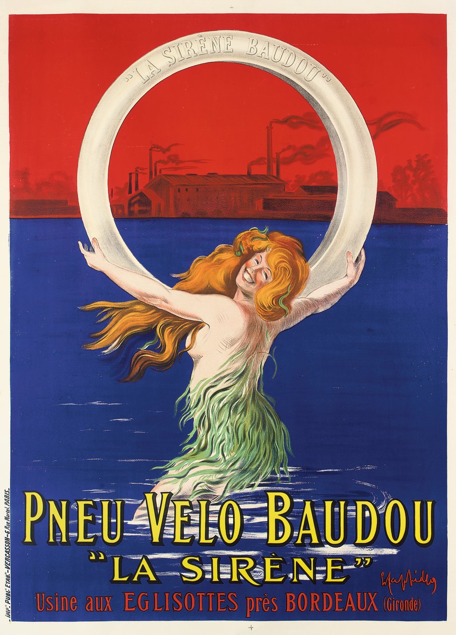 Julistemainos "La Sirene" polkupyörän renkaat valmistanut Pneu Velo Baudou, n. 1920 tekijältä Leonetto Cappiello