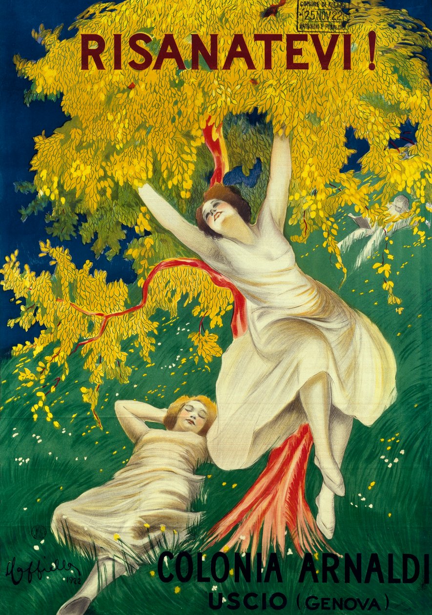 Colonia Arnaldin mainosjuliste Usciossa (Genova) tekijältä Leonetto Cappiello
