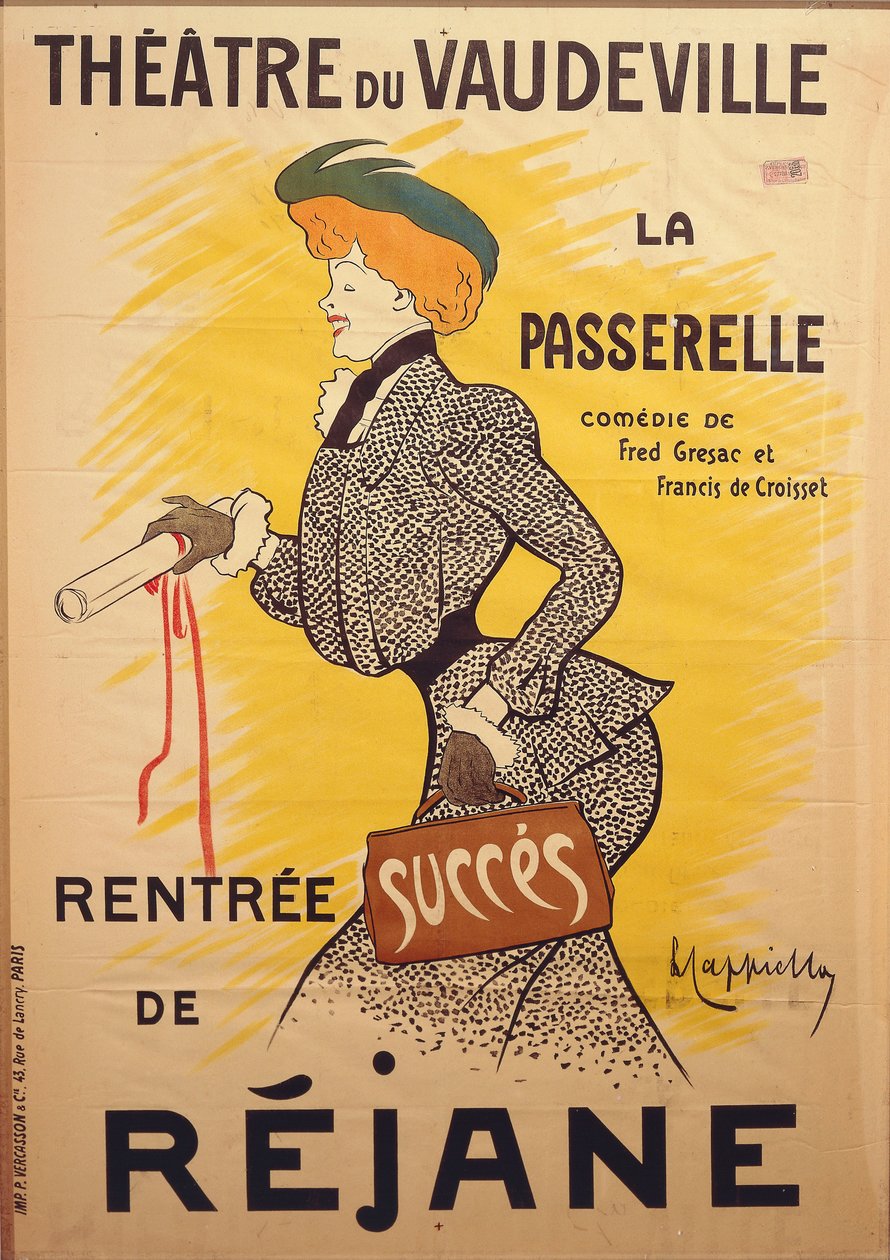 Juliste Francis de Croissetin (1877-1937) ja Fred De Gresacin (1879-1943) komediaan "La passerelle" Theater du Vaudevillessa Rejanen kanssa tekijältä Leonetto Cappiello