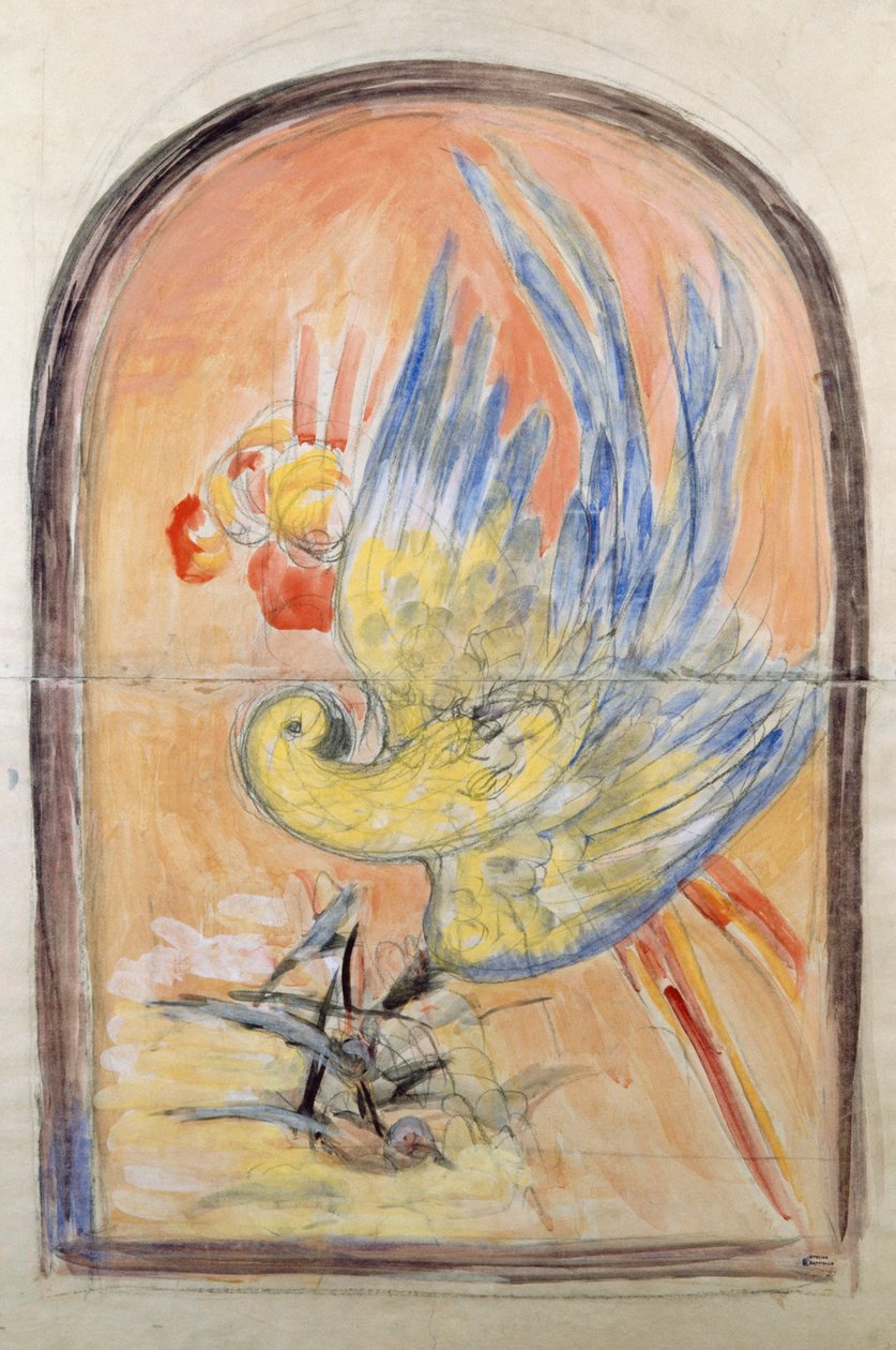 Valmisteleva piirustus Art Deco -tyylisen tuolin selkänojaan Le Perroquet