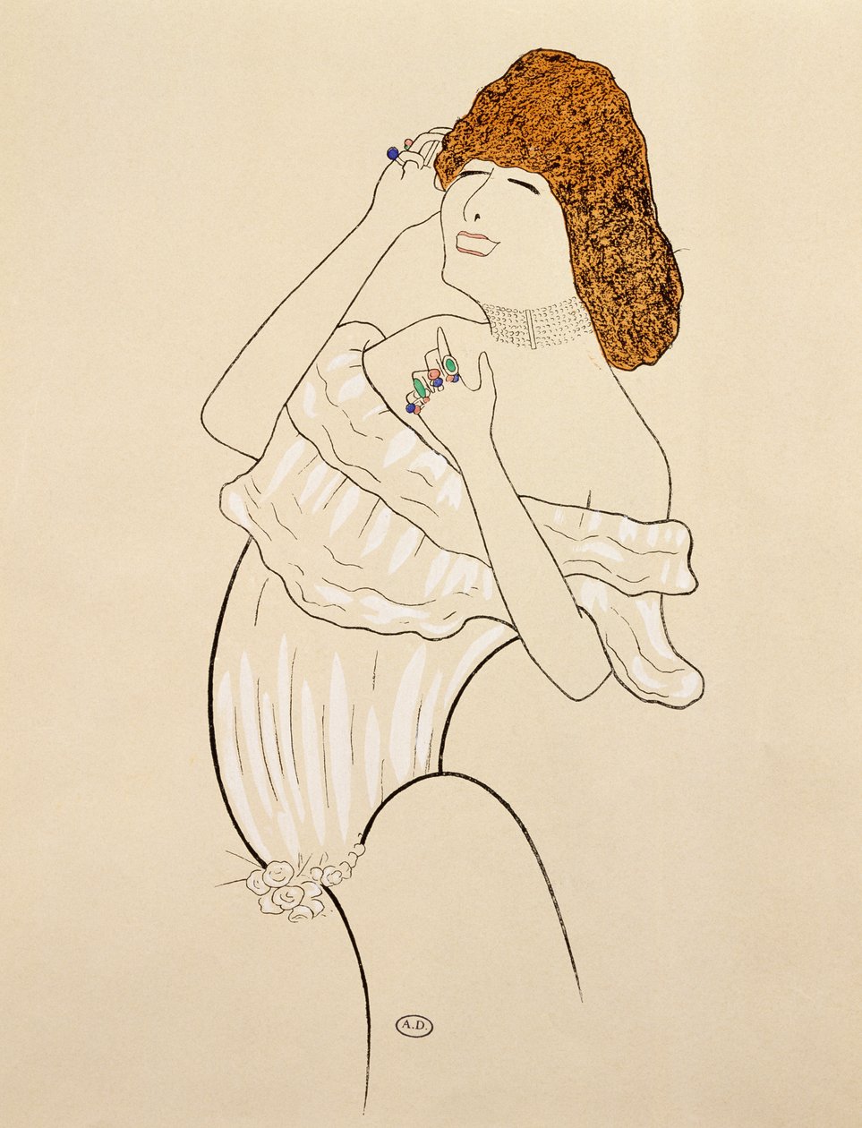 Sarah Bernhardt (1844-1923) näyttelee Camelian rouvaa, teatterisovitus Alexandre Dumasin (1824-1895) romaanista, kaiverrus Leonetto Cappiello (1875-1942) tekijältä Leonetto Cappiello
