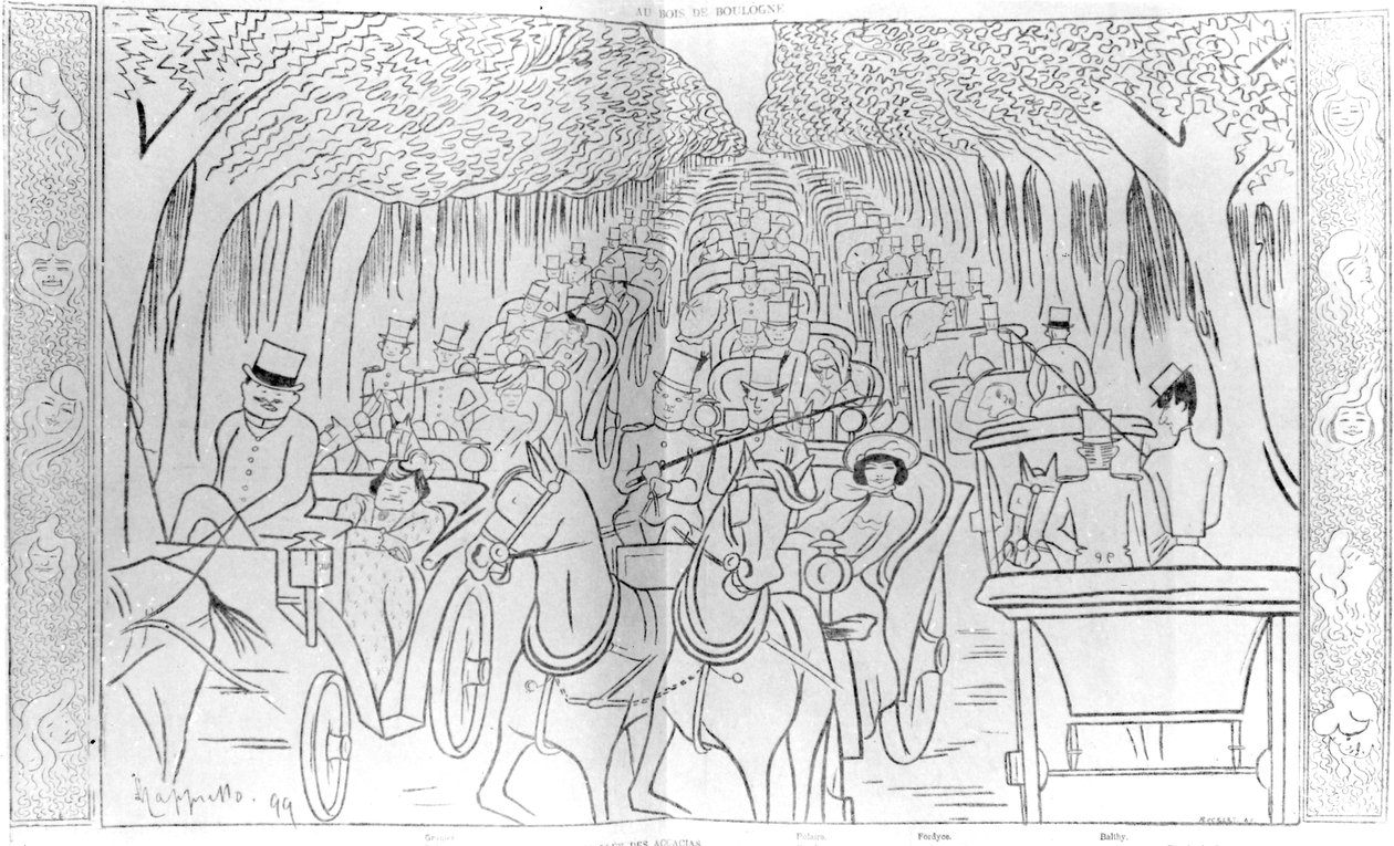 Belle Epoque -kauden näyttämö-, musiikkitalo- ja oopperatähdet, ajamassa Bois de Boulognessa, Avenue des Acaciasissa, Pariisissa, humoristinen karikatyyri Le Rire -lehdestä, 1899 tekijältä Leonetto Cappiello