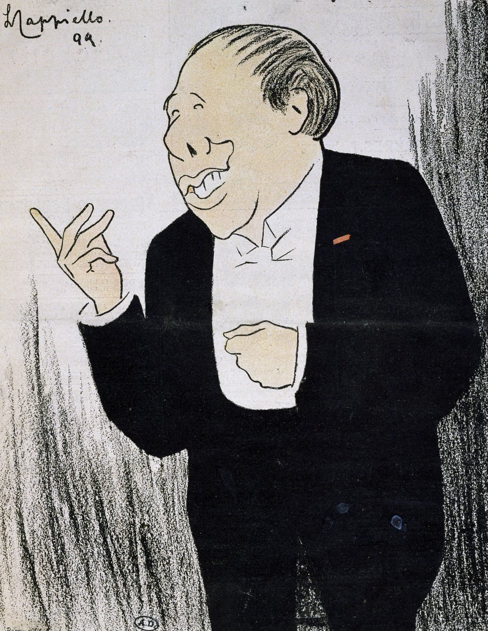Näyttelijä Alexandre Coquelin, joka tunnetaan nimellä Coquelin Cadet (1848-1909) pilakuvassa tekijältä Leonetto Cappiello