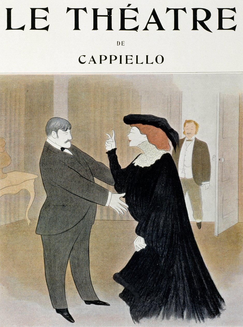 Näyttelijät Lucien Guitry (1860-1925) ja Jane Harding La Chatelaine -kohtauksessa, esitettiin Pariisin Renaissance Theatressa - Theatre-lehden otsikkosivu, huhtikuu 1903, Paris (painettu) tekijältä Leonetto Cappiello