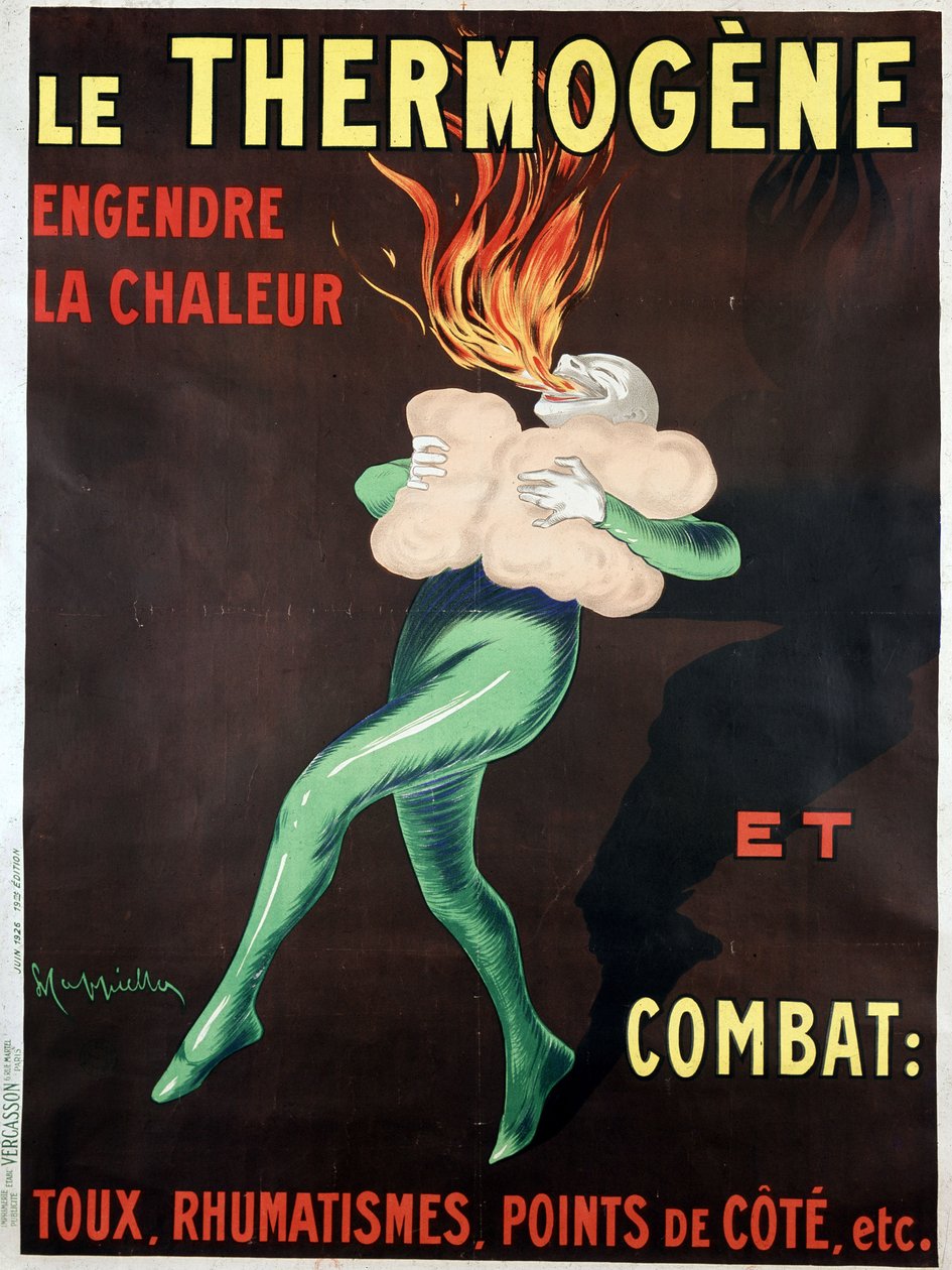 Termogeeni tuottaa lämpöä ja taistelee yskää, reumaa, sivupisteitä jne. vastaan: Leonetto Cappiellon (1875-1942) juliste tekijältä Leonetto Cappiello