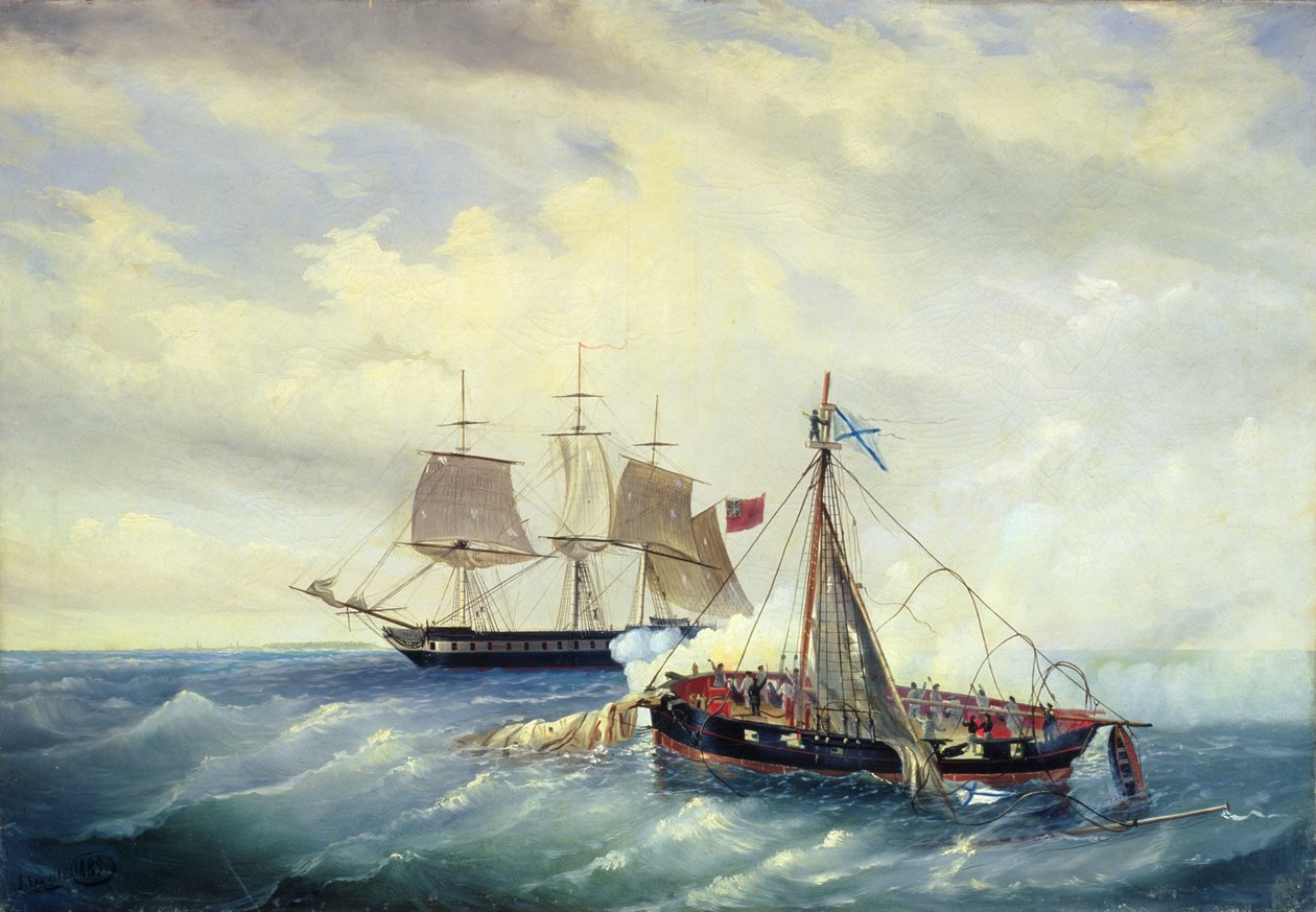 Taistelu venäläisen Opyt-aluksen ja brittiläisen fregatin välillä Nargenin saaren rannikolla, 11. kesäkuuta 1808, 1889 tekijältä Leonid Demyanovich Blinov