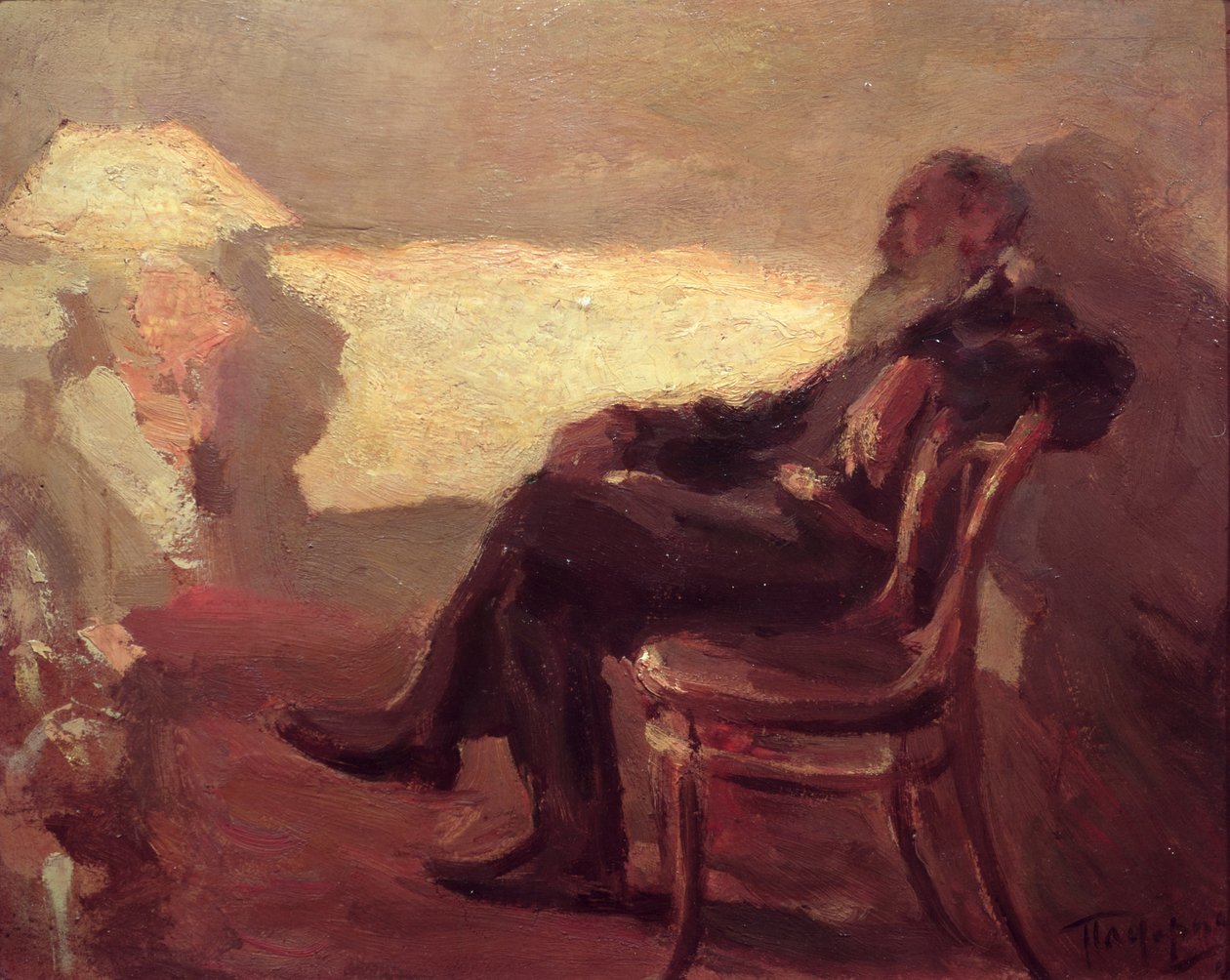 Lev Nikolajevitš Tolstoi (1828-1910) 1901 (öljy kortille) tekijältä Leonid Osipovic Pasternak