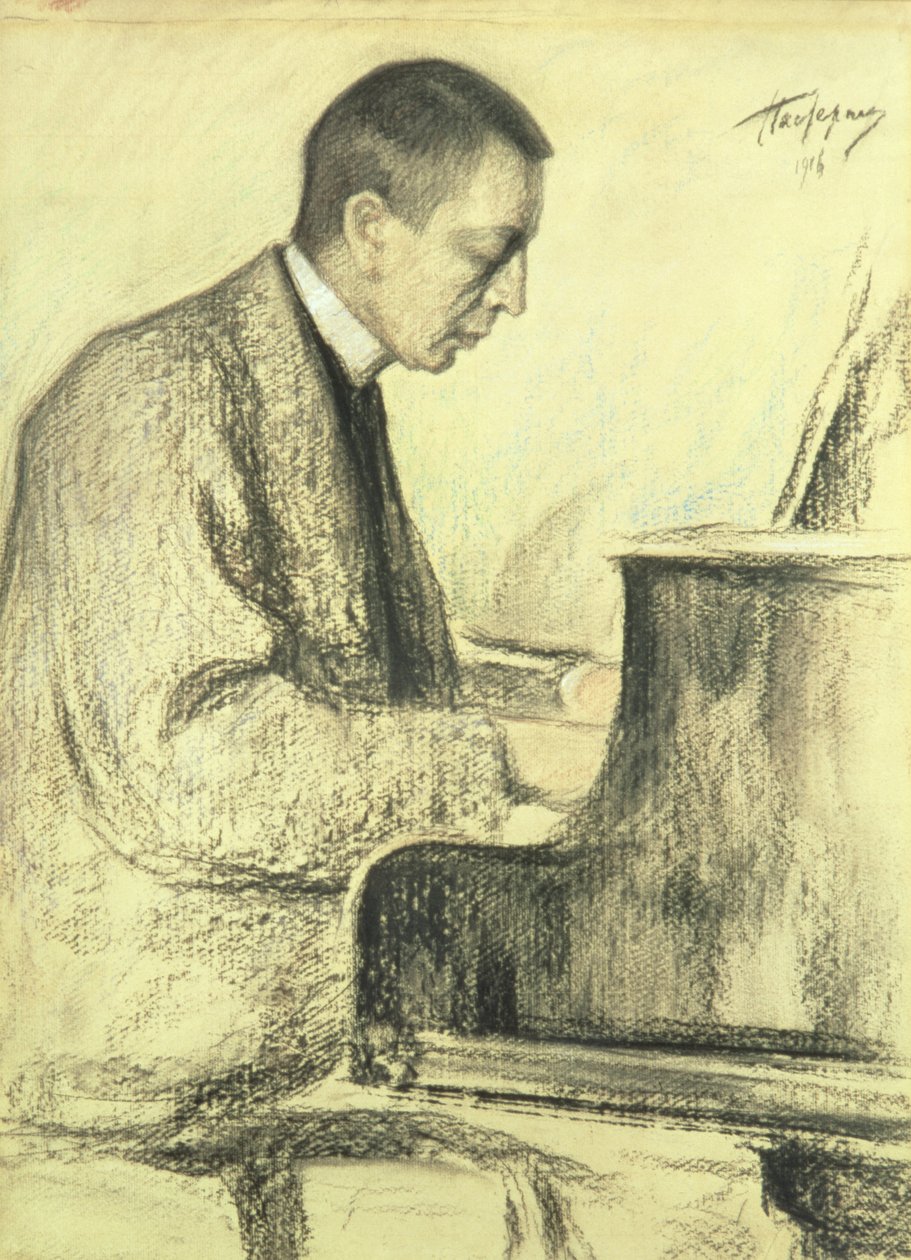 Sergei Vasilievich Rahmaninovin (1873-1943) muotokuva pianon ääressä, 1916 (pastelli paperille) tekijältä Leonid Osipovic Pasternak