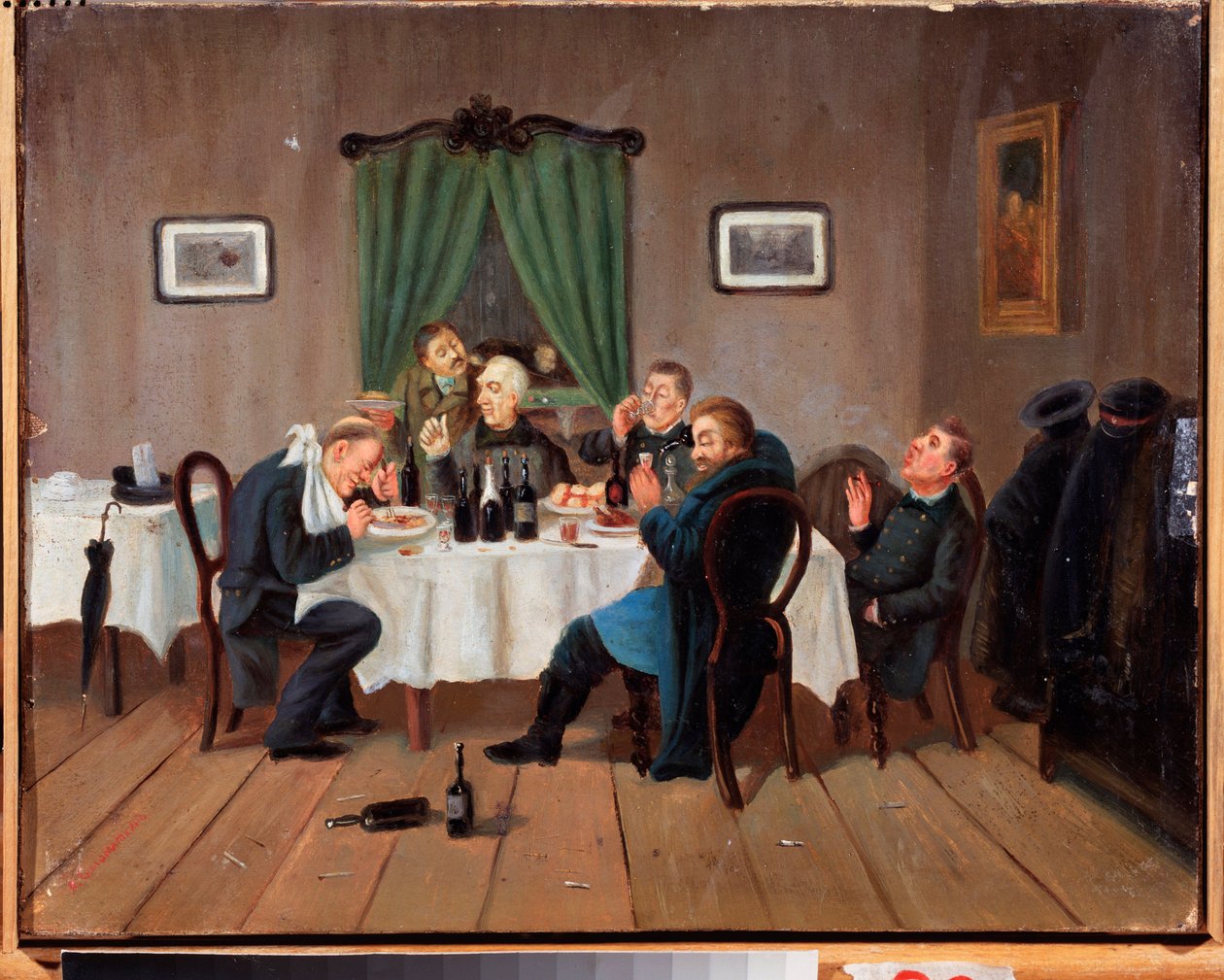 Tavernassa. Maalaus Leonid Ivanovich Solomatkin (1837-1883), öljy kankaalle. venäläistä taidetta tekijältä Leonid Ivanovich Solomatkin