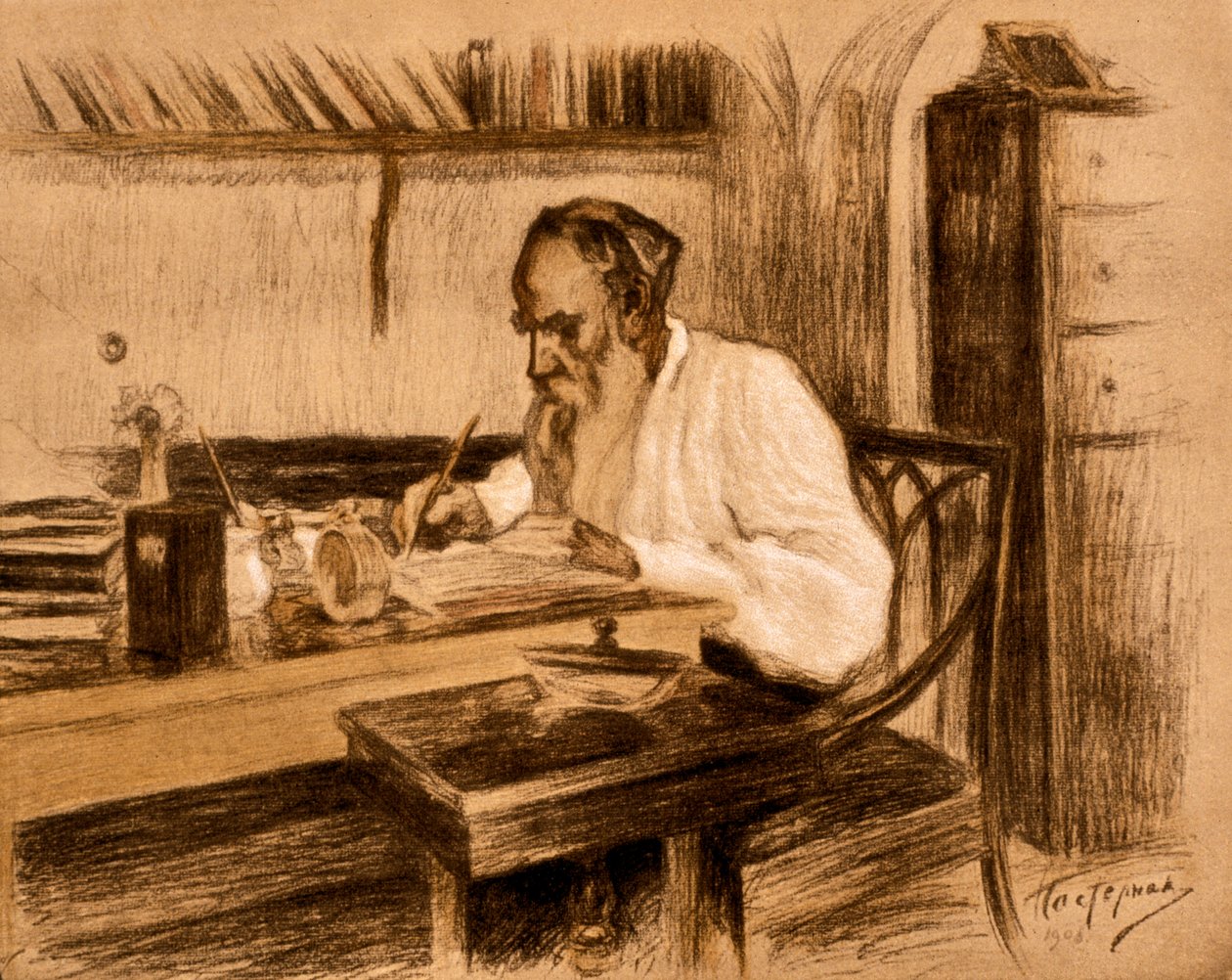 Kreivi Lev Tolstoi työhuoneessaan. 1908 (litografia) tekijältä Leonid Osipovic Pasternak