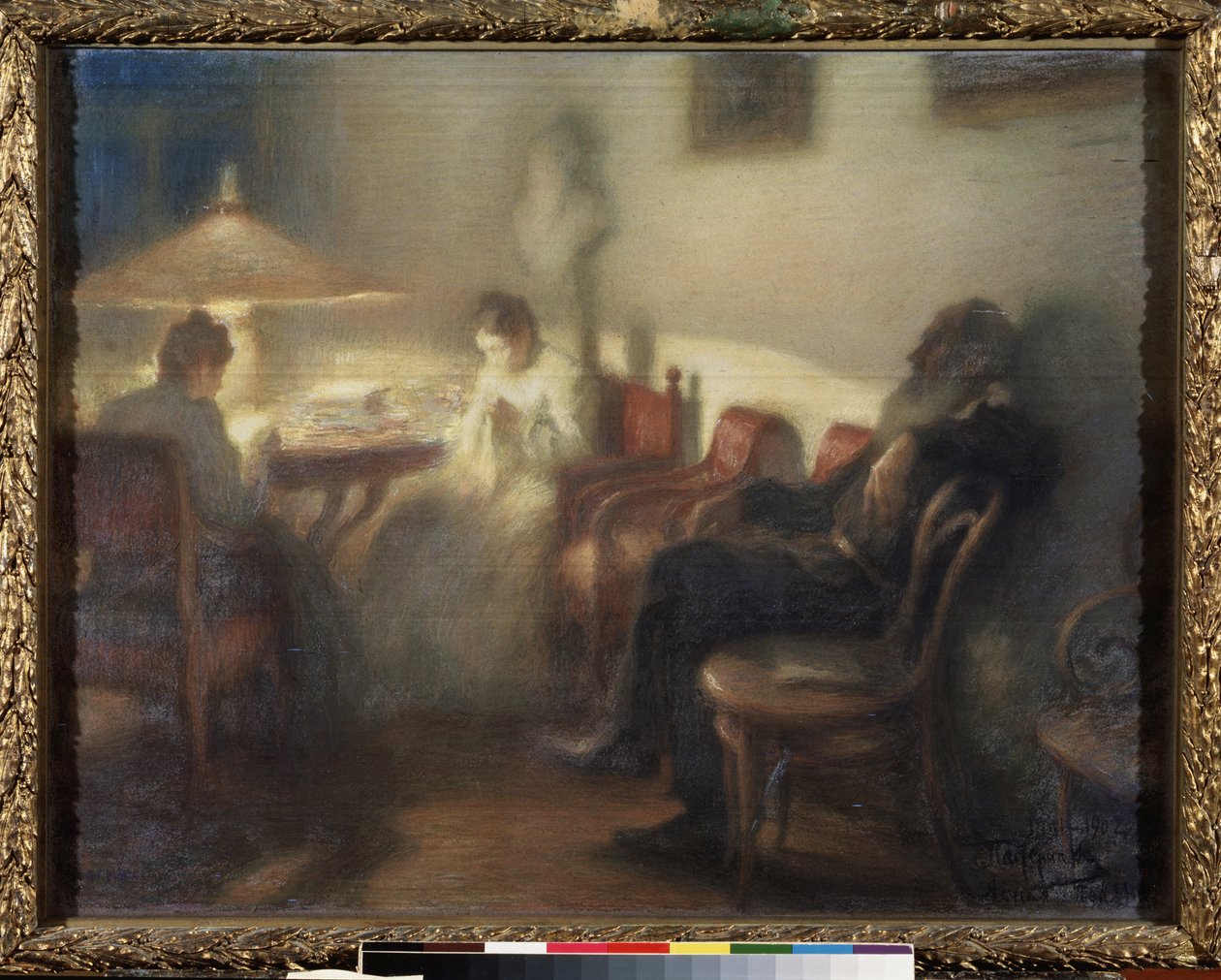 Kirjailija Leon Tolstoi (1828-1910) perheineen Jasnaja Poljanassa (Kirjoittaja Leo Tolstoi perheineen Jasnaja Poljanassa). Leonid Osipovich Pasternakin (1862-1945) teos, pastelli paperille tekijältä Leonid Osipovic Pasternak