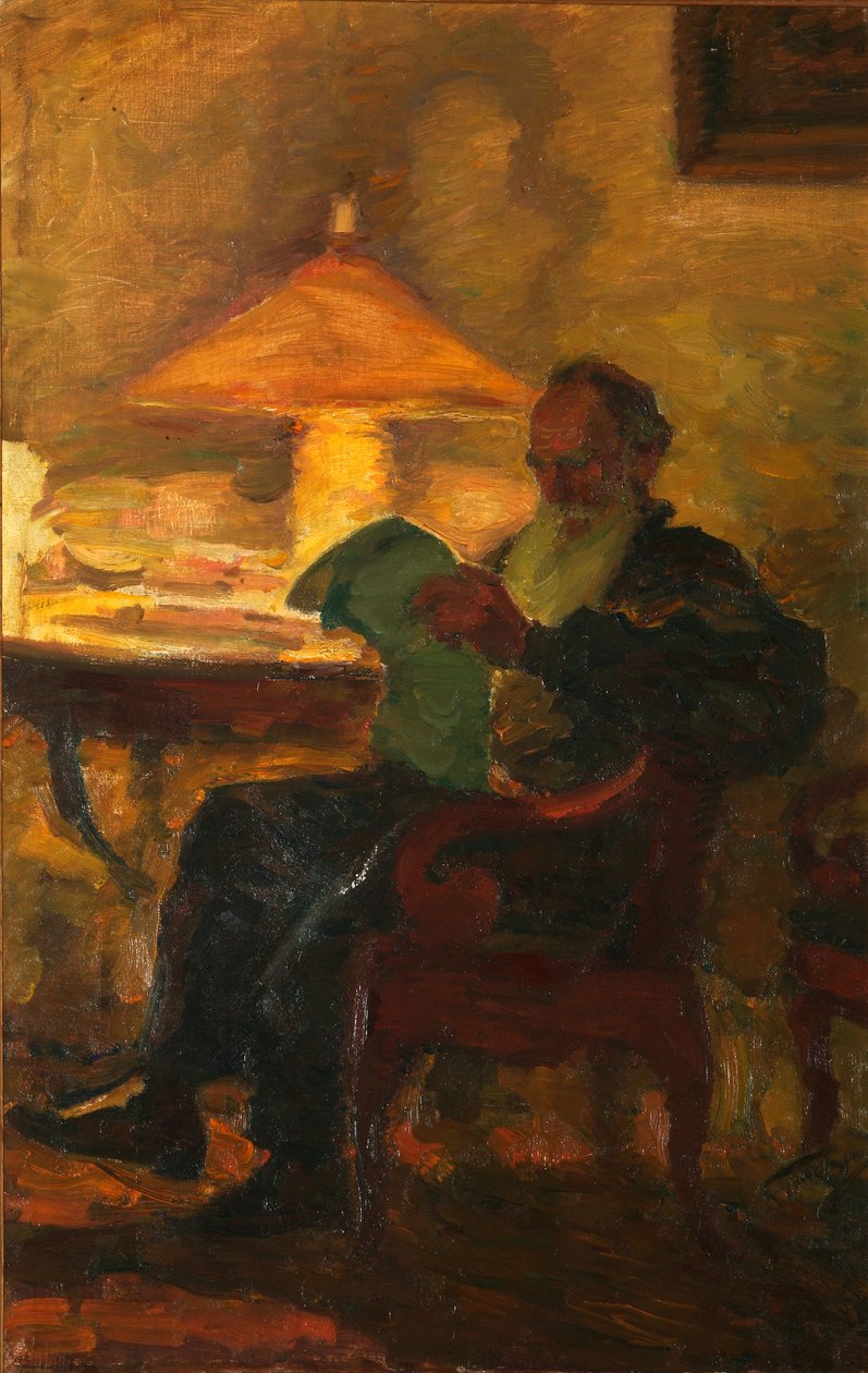 Leo Tolstoi sanomalehden kanssa, 1901 tekijältä Leonid Osipovic Pasternak