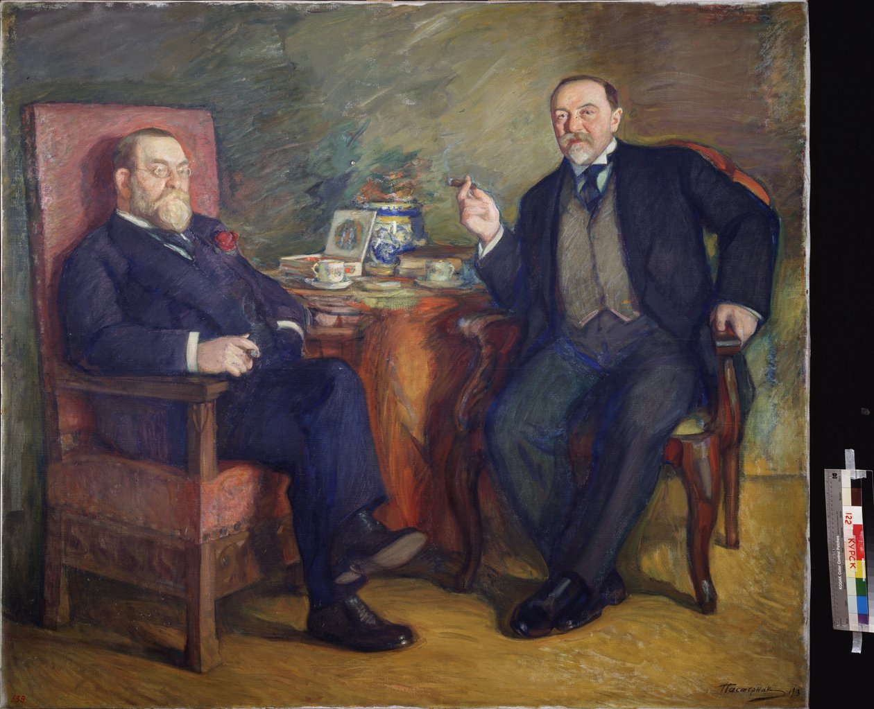 Teehetki. Keräilijöiden Ossip Cetlinin ja David Wyssotskin muotokuvia. Leonid Osipovich Pasternakin (1862-1945) maalaus, tempera kankaalle tekijältä Leonid Osipovic Pasternak