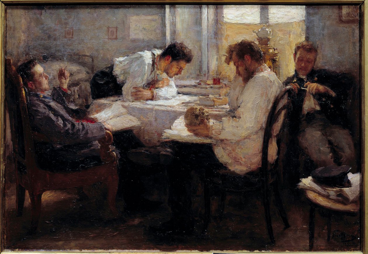 Tentin aattona Opiskelijat tarkistamassa kokeita. Leonid Osipovich Pasternacin (1862-1945) maalaus 1895 Su. 0,39x0,55 m Pariisi, musee d