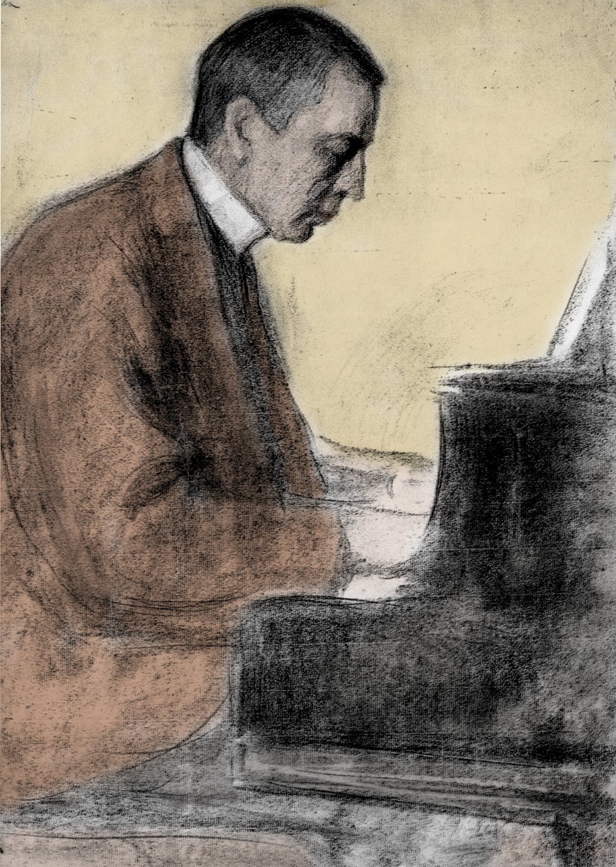 Muotokuva Sergei (Sergei) Rahmaninovista (Serge Rahmaninov tai Rakhmaninov) (1873 - 1943), venäläinen säveltäjä ja pianisti. piirustus Leonid O. Pasternak (1862-1945). tekijältä Leonid Osipovic Pasternak
