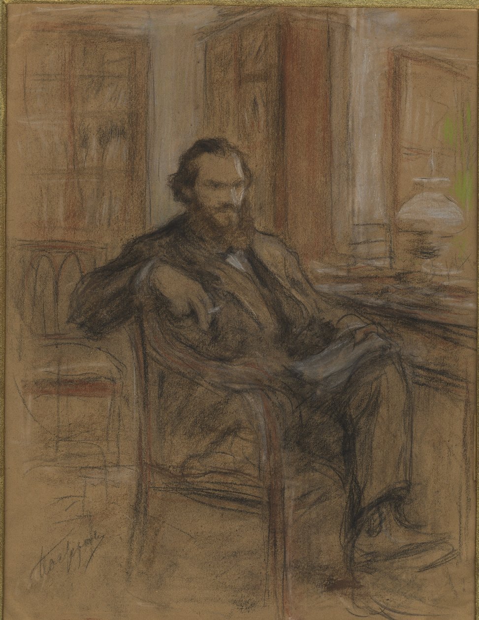 Leo Tolstoi työskennellessään romaanin Sota ja rauha, 1893-1903 parissa. tekijältä Leonid Osipovich Pasternak