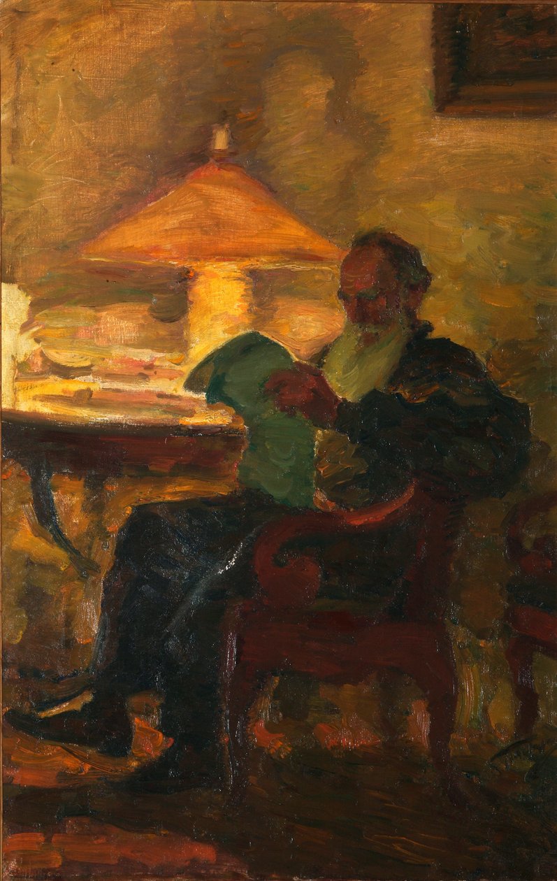 Leo Tolstoi sanomalehden kanssa, 1901. tekijältä Leonid Osipovich Pasternak