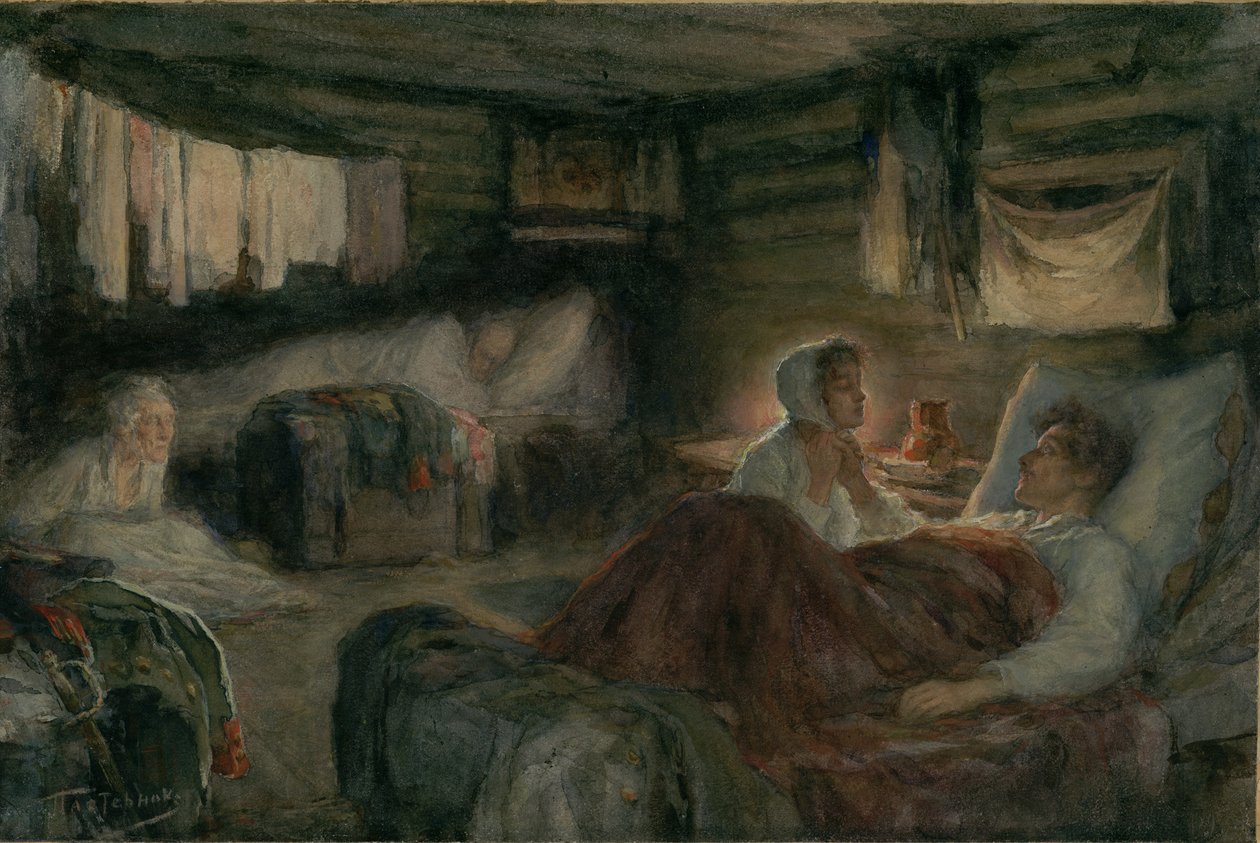 Natasha ja haavoittunut prinssi Andrei Mytishchissä. Kuvitus romaanille Sota ja rauha, 1893. tekijältä Leonid Osipovich Pasternak