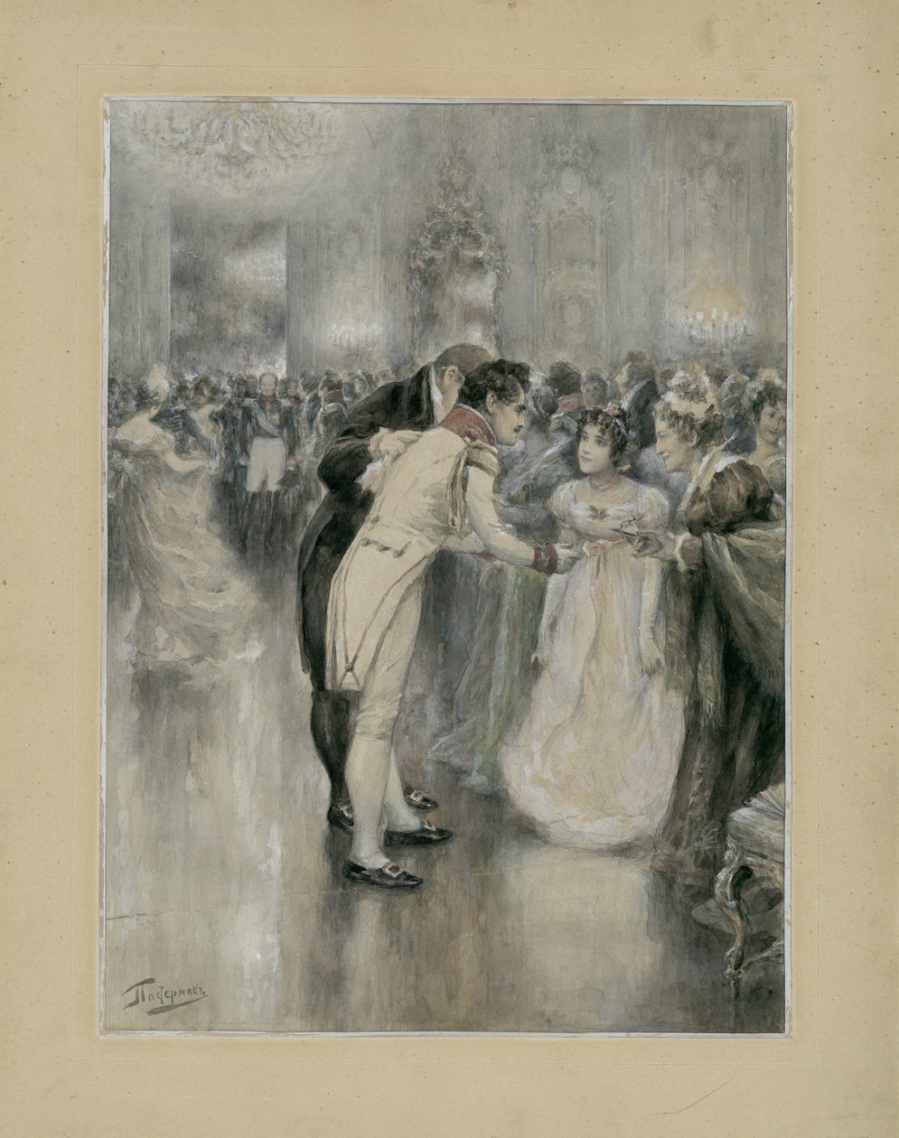 Natasha ensimmäisellä pallollaan. Kuvitus Leo Tolstoin romaanille Sota ja rauha, 1893. tekijältä Leonid Osipovich Pasternak
