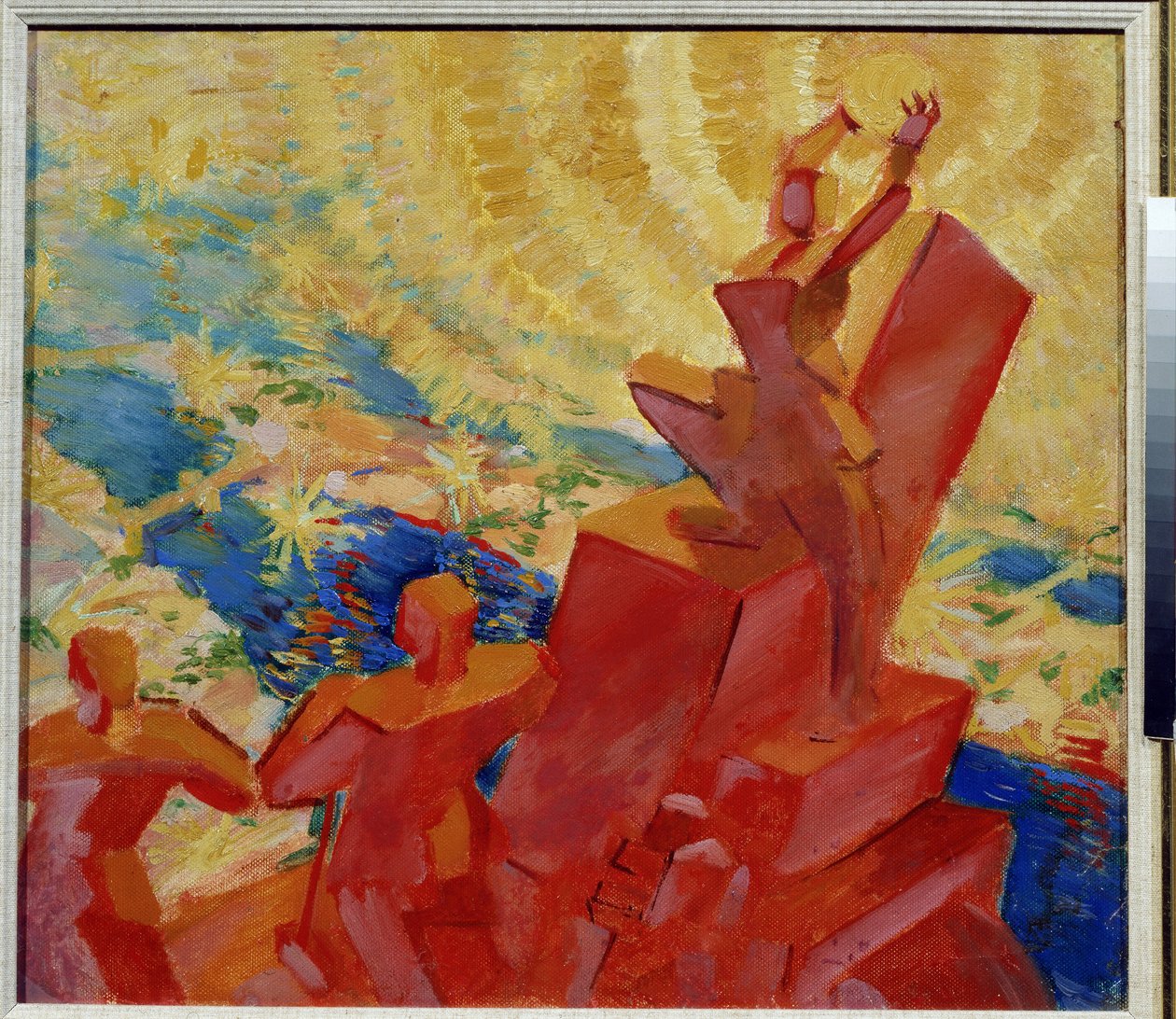 Auringossa (Aurinkoon). Värillinen maisema, jossa yksi hahmoista pitää aurinkoa käsissään. Leonid Terentlevich Chupyatov (1890-1941) maalaus. Öljy kankaalle tekijältä Leonid Terentlevich Chupyatov