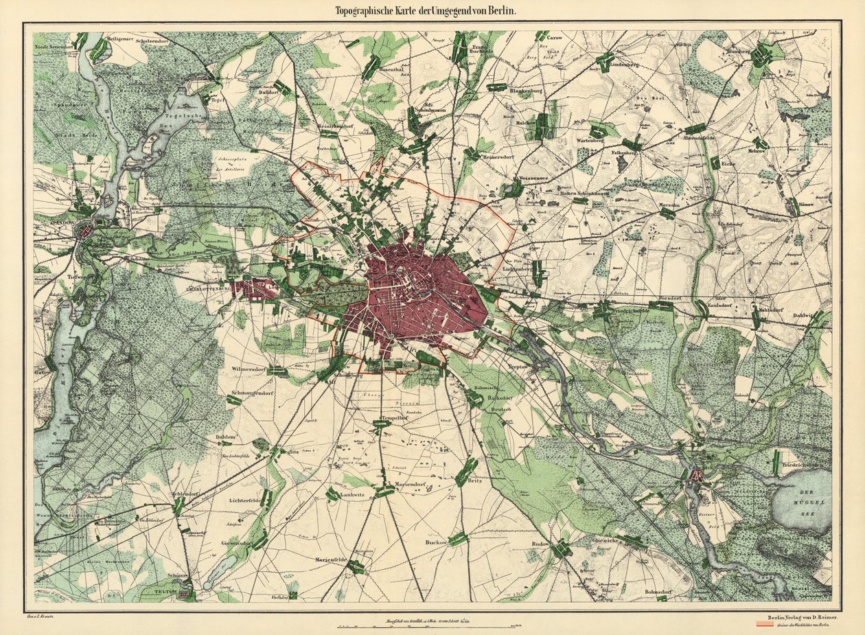 Berliinin kartta, julkaissut D. Reimer Verlag, Berliini, 1871 (värikaiverrus) tekijältä Leopold Kraatz
