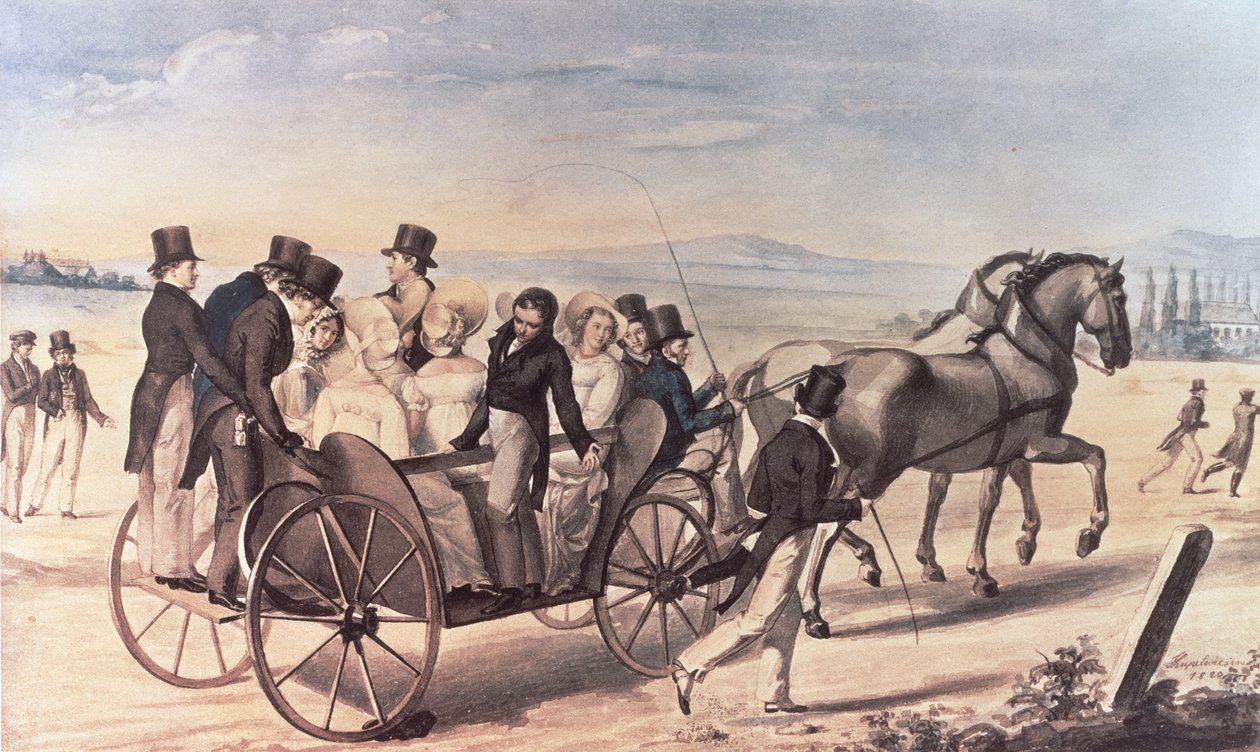 Schubertialaisten retki Atzenbruggista Aumuhliin, Franz Peter Schubert (1797-1828) seisomassa vasemmalla taiteilijan kanssa, 1820 tekijältä Leopold Kupelwieser