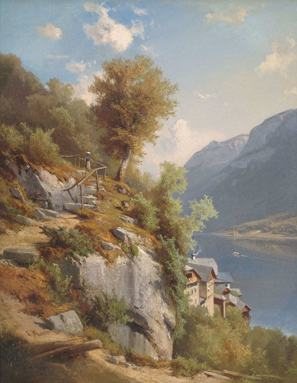 Sommerliche Landschaft mit Blick auf den Hallstätter See tekijältä Leopold Munsch