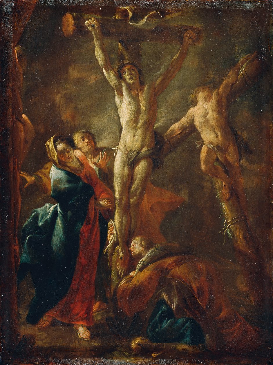 Kristus ristillä Marian, Johanneksen, Magdalenan ja kahden varkaan kanssa tekijältä Leopold Blonder