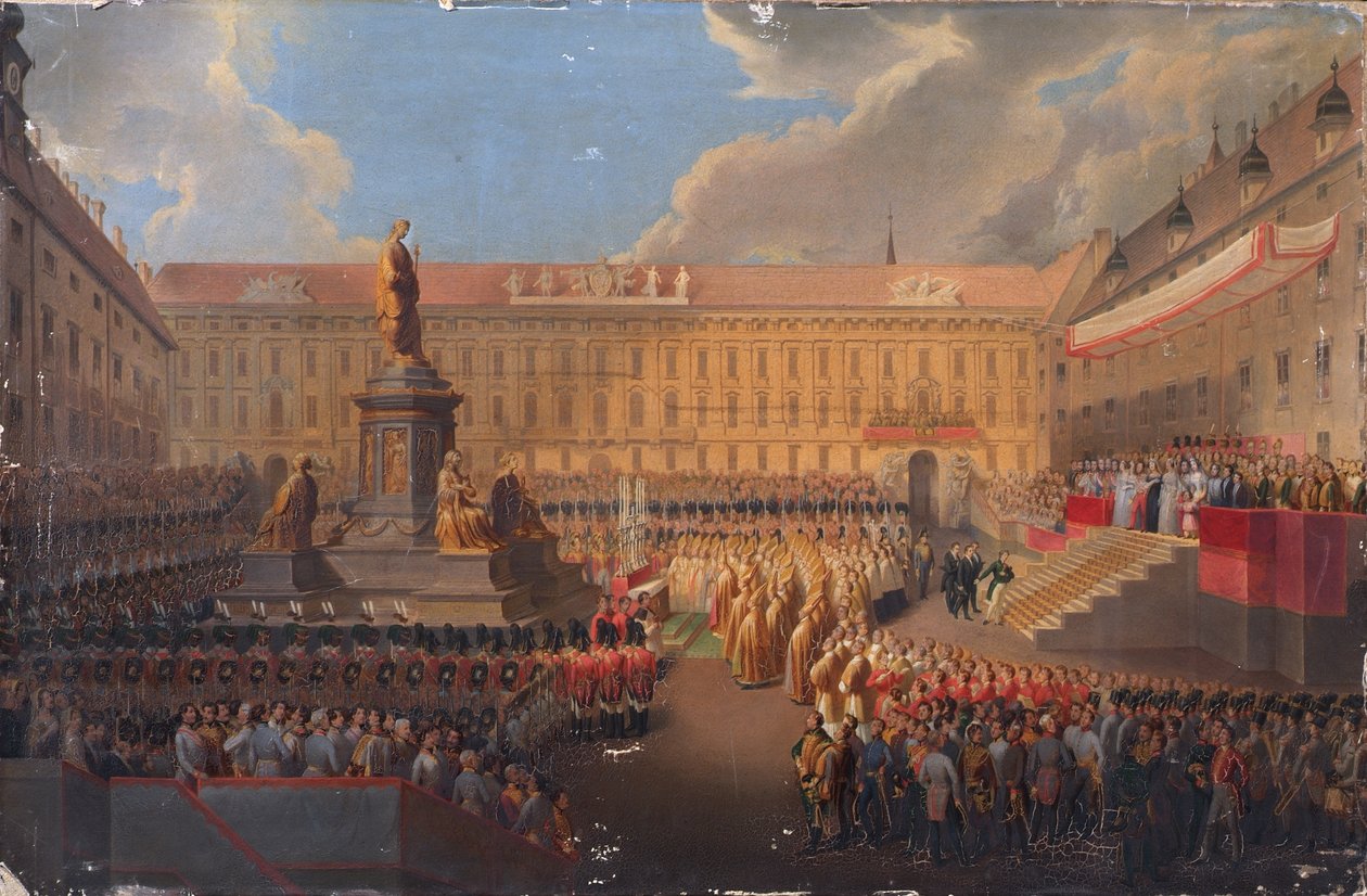 Itävallan keisari Franz I:n muistomerkin paljastaminen 19. kesäkuuta 1846 Wienin Franzensplatzilla tekijältä Leopold Bucher