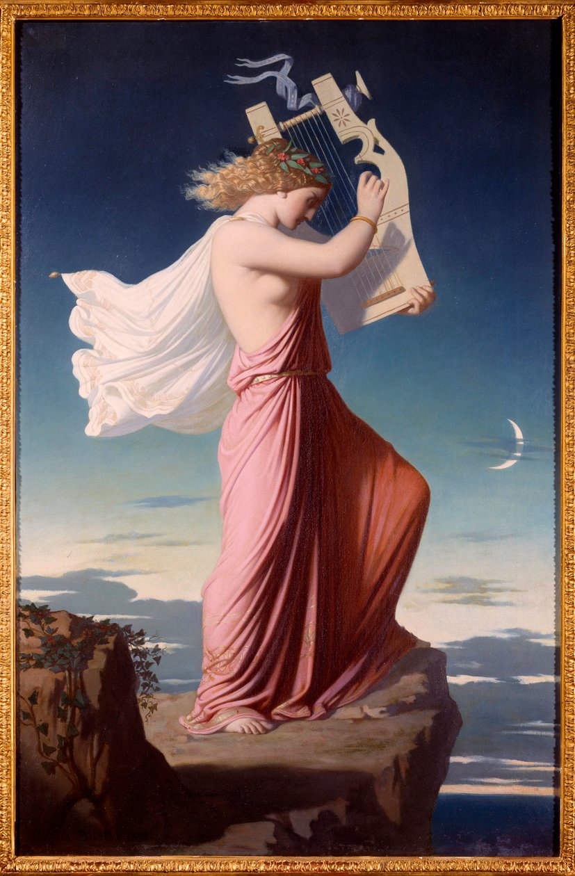 Muotokuva kreikkalaisesta runoilijasta Saphosta (Sappho) soittamassa lyyraa Leopold Burthen (1823-1860) maalaus 1849 Su. 1,06x0,69 m Carcassonne, Musee des Beaux Arts tekijältä Leopold Burthe
