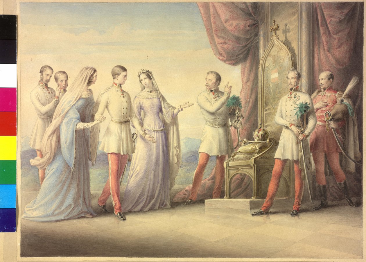 Keisarinna Maria Anna ja arkkiherttuatar Sophie keisari Franz Joseph I:n kanssa. tekijältä Leopold Kupelwieser