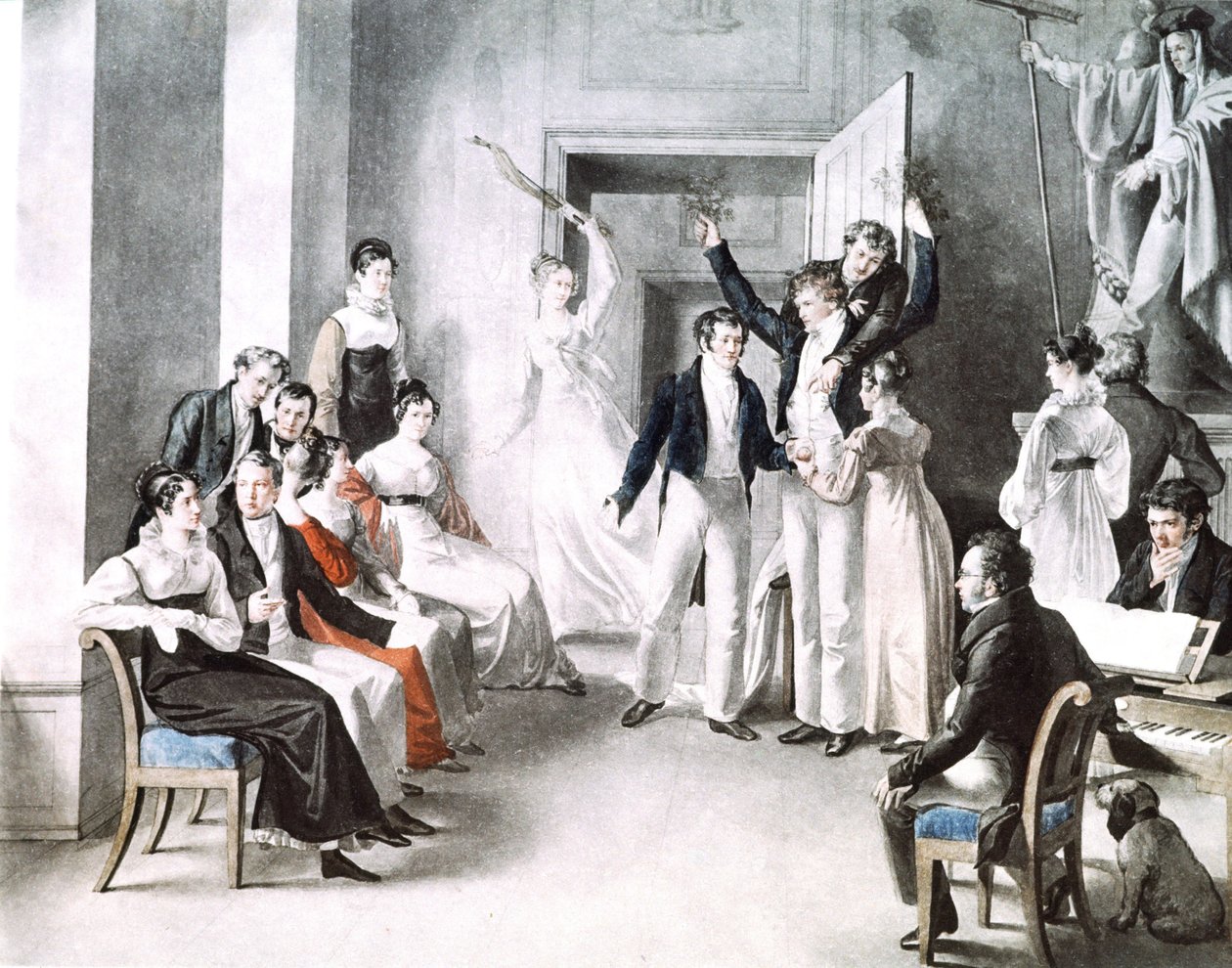 Schubertian musiikillinen tapaaminen. Schubert istuu tuolissa oikealla. Kupelniesenin akvarelli tekijältä Leopold Kupelwieser