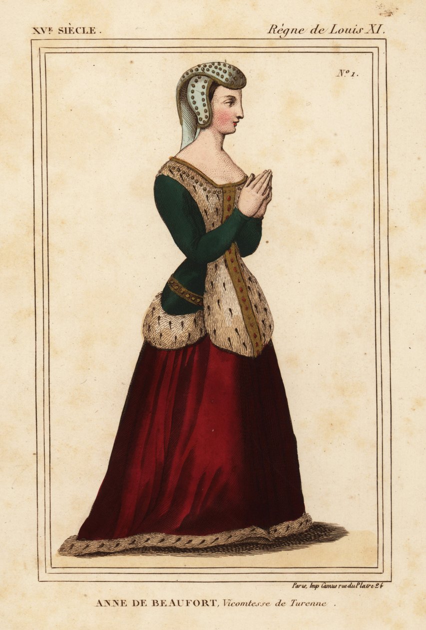 Anne Rogier de Beaufort, varakreivitär de Turenne 1435-1479. Käsinvärinen litografia ruostumattoman lasi-ikkunan jälkeen Cordelieres de Nantesin kirkossa Roger de Gaignieresin portfoliossa VI 11 Le Bibliophile Jacobista eli Paul Lacroix