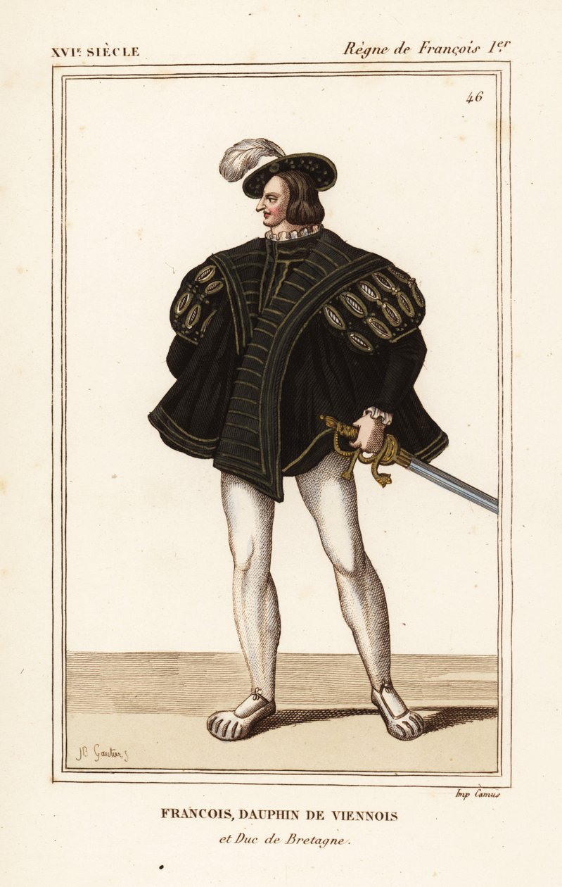 Franciscus III, Bretagnen herttua 1518-1536. Francois, Wienin delfiini ja Bretagnen herttua. Käsinvärinen litografia J.B. Gautier muotokuvan jälkeen Roger de Gaignieresin portfoliossa VIII 14 teoksesta Le Bibliophile Jacob eli Paul Lacroix