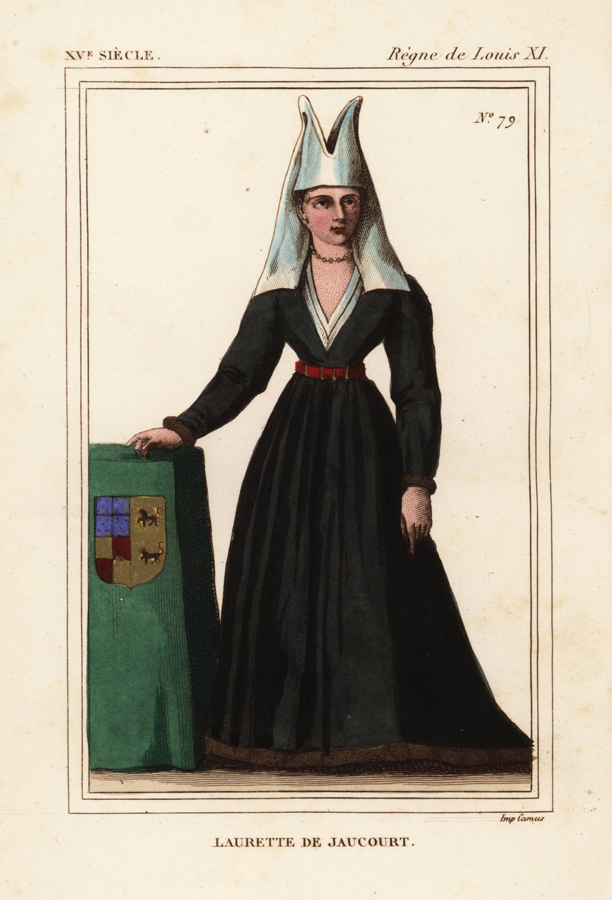 Jaucourtin Lauretta, Michael of Chaugyn vaimo, Lord of Chissey, Laurette de Jaucourt, Käsinvärinen litografia miniatyyrin jälkeen Roger de Gaignieresin portfoliossa VII 49 Le Bibliophile Jacobista eli Paul Lacroix