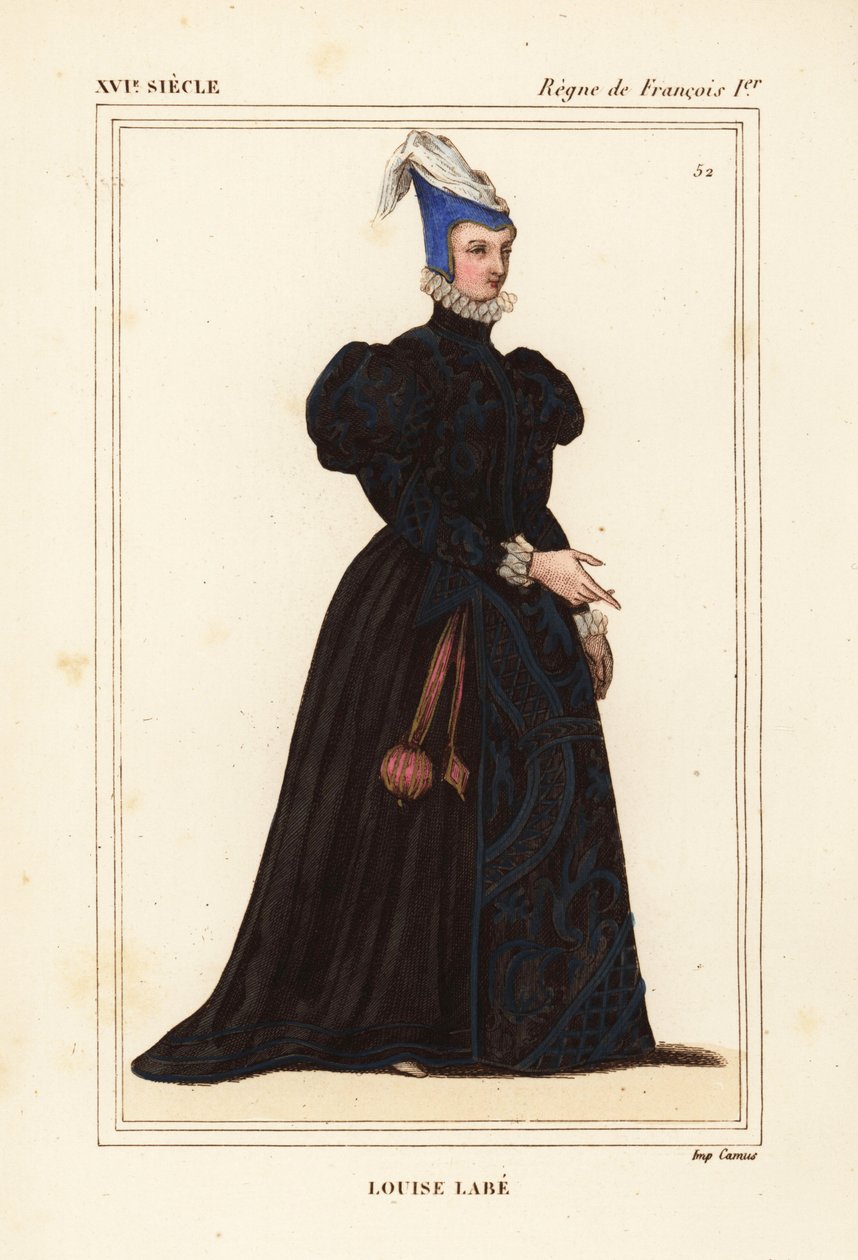Louise Labe, La Belle Cordiere, ranskalainen runoilija 1526-1566. Muusikko, ratsastaja, jousiampuja, miekkailija ja kielitieteilijä. Käsinväritetty litografia Roger de Gaignieresin salkussa VIII 82 olevan muotokuvan mukaan Le Bibliophile Jacobin eli Paul L tekijältä Leopold Massard