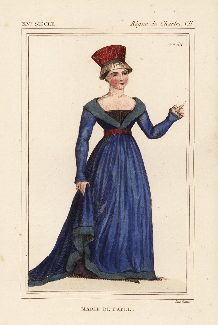 Marie de Fayel, Dammartinin kreivitär, Acyn herran Renaud de Nanteuilin vaimo ja Jean de Fayelin sisar. Käsinväritetty litografia pienoiskuvan mukaan, joka sisältyy Roger de Gaignieresin salkussa olevaan käsikirjoitukseen Histoire du Comte Gerard de Nevers tekijältä Leopold Massard