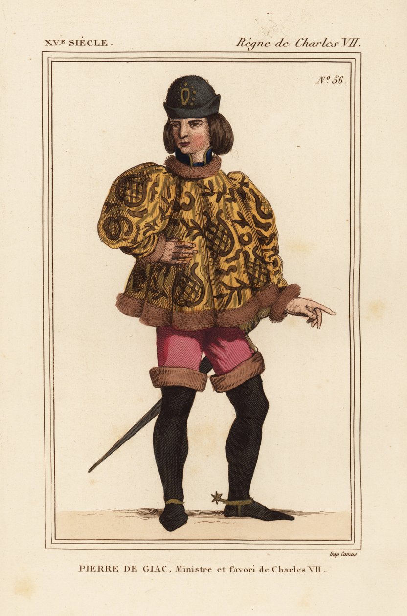 Pierre de Giac, kuningas Kaarle VII:n kamarlaini 1377-1426. Teloitettu hukkumalla Dun-Le-Roissa. Hänellä on yllään lyhyt sukka, jossa on mahoitres-hihat, vaaleanpunaiset housut ja kannustetut saappaat. Käsinvärinen litografia pienoismallin jälkeen käsikirj tekijältä Leopold Massard