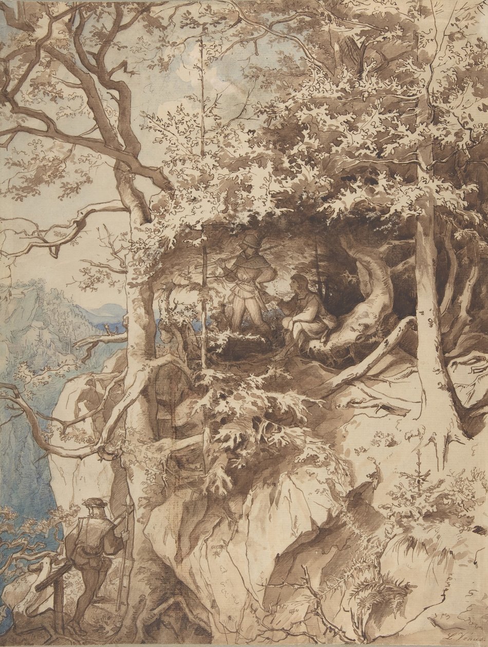 Metsästäjät näköalalla vuorella, n. 1870. tekijältä Leopold Venus