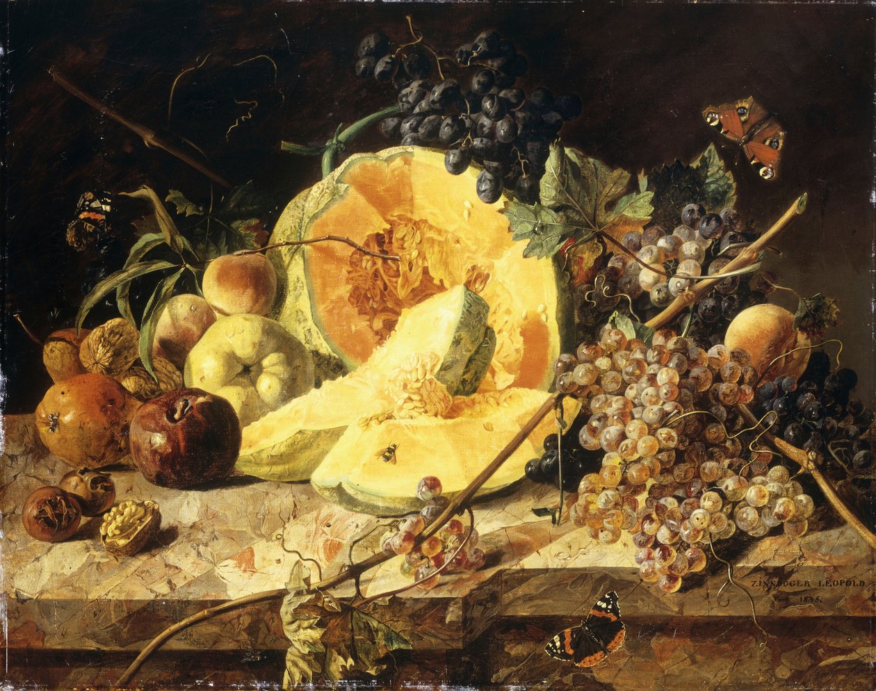 Asetelma hedelmillä, pähkinöillä ja hyönteisillä, 1835 tekijältä Leopold Zinnogger