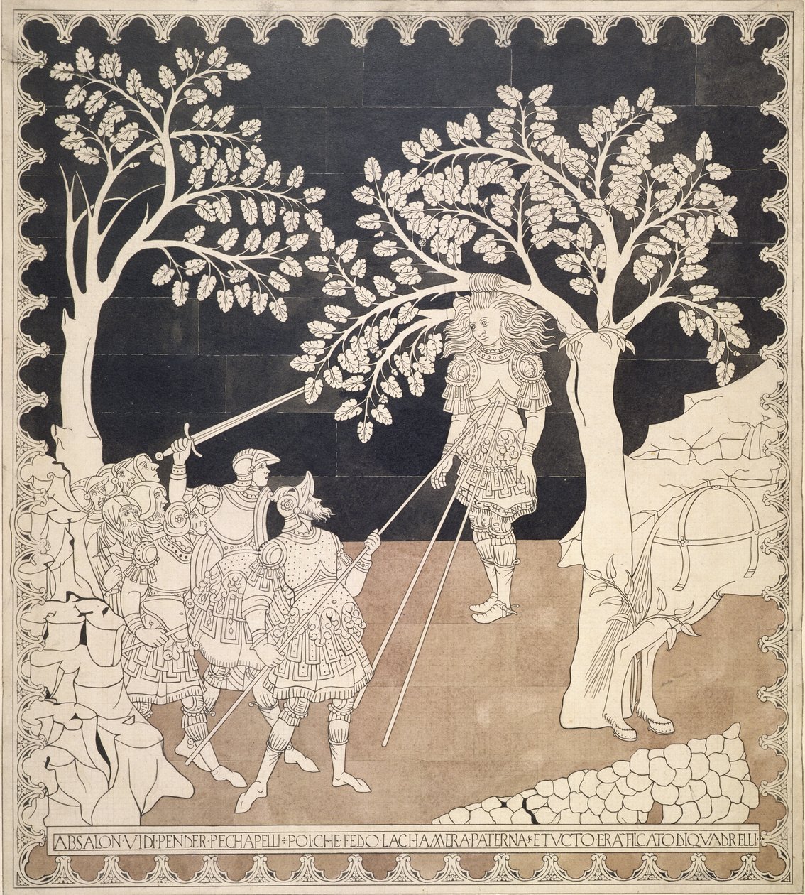 T.3836 The Death of Absolom, Sienan katedraalin lattian tutkimus, n. 1870 (muste & pesu) tekijältä Leopoldo Maccari