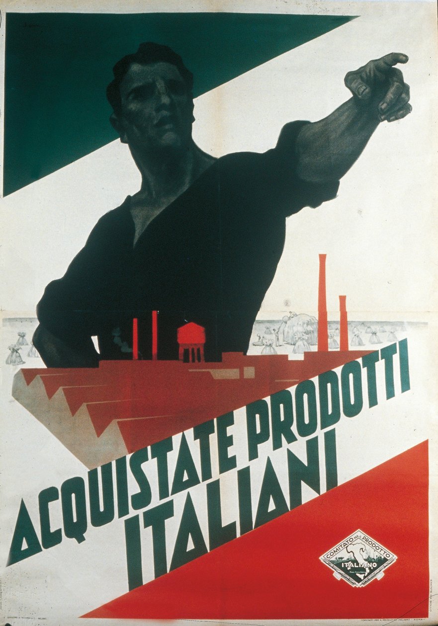 Osta italialaisia ​​tuotteita, fasistinen propagandajuliste autarkian aikana tekijältä Leopoldo Metlicovitz