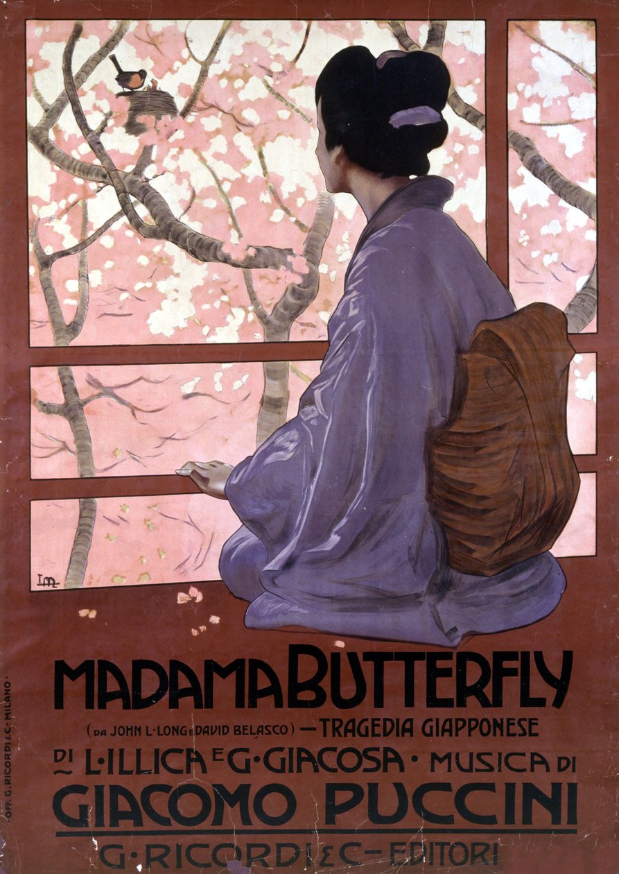 Leopoldo Metlicovitzin juliste Giacomo Puccinin "Madame Butterfly" -elokuvalle tuotettu ensiesitystä varten 17. helmikuuta 1904. tekijältä Leopoldo Metlicovitz